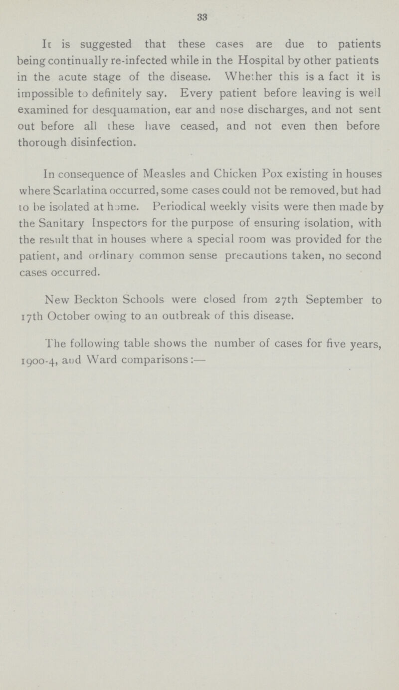 33 It is suggested that these cases are due to patients being continually re-infected while in the Hospital by other patients in the acute stage of the disease. Whether this is a fact it is impossible to definitely say. Every patient before leaving is well examined for desquamation, ear and nose discharges, and not sent out before all these have ceased, and not even then before thorough disinfection. In consequence of Measles and Chicken Pox existing in houses where Scarlatina occurred, some cases could not be removed, but had to be isolated at home. Periodical weekly visits were then made by the Sanitary Inspectors for the purpose of ensuring isolation, with the result that in houses where a special room was provided for the patient, and ordinary common sense precautions taken, no second cases occurred. New Beckton Schools were closed from 27th September to 17th October owing to an outbreak of this disease. The following table shows the number of cases for five years, 1900-4, aud Ward comparisons:—