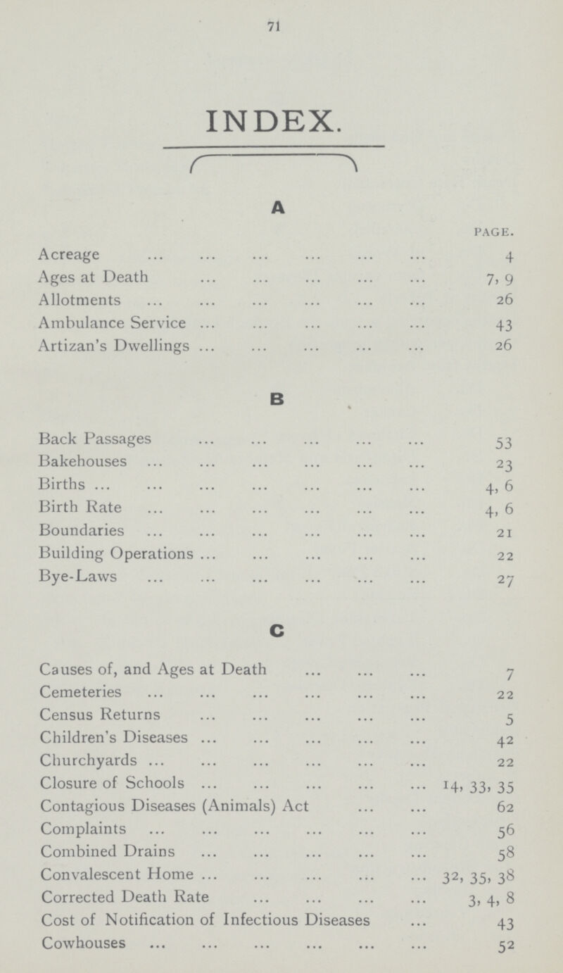 71 INDEX. A page. Acreage 4 Ages at Death 7, 9 Allotments 26 Ambulance Service 43 Artizan's Dwellings 26 B Back Passages 53 Bakehouses 23 Births 4, 6 Birth Rate 4, 6 Boundaries 21 Building Operations 22 Bye-Laws 27 C Causes of, and Ages at Death 7 Cemeteries 22 Census Returns 5 Children's Diseases 42 Churchyards 22 Closure of Schools 14, 33, 35 Contagious Diseases (Animals) Act 62 Complaints 56 Combined Drains 58 Convalescent Home 32, 35, 38 Corrected Death Rate 3, 4, 8 Cost of Notification of Infectious Diseases 43 Cowhouses 52