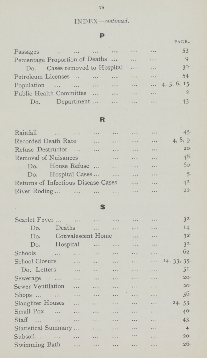 75 IND EX—continued. P page Passages 53 Percentage Proportion of Deaths 9 Do. Cases removed to Hospital 30 Petroleum Licenses 54 Population 4, 5, 15 Public Health Committee 2 Do. Department 43 R Rainfall 45 Recorded Death Rate 4. 8, 9 Refuse Destructor 20 Removal of Nuisances 48 Do. House Refuse 60 Do. Hospital Cases 5 Returns of Infectious Disease Cases 42 River Roding 22 S Scarlet Fever 32 Do. Deaths 14 Do. Convalescent Home 32 Do. Hospital 32 Schools 62 School Closure 14, 33, 35 Do. Letters 51 Sewerage 20 Sewer Ventilation 20 Shops 56 Slaughter Houses 24, 53 Small Pox 40 Staff 43 Statistical Summary 4 Subsoil 20 Swimming Bath 26