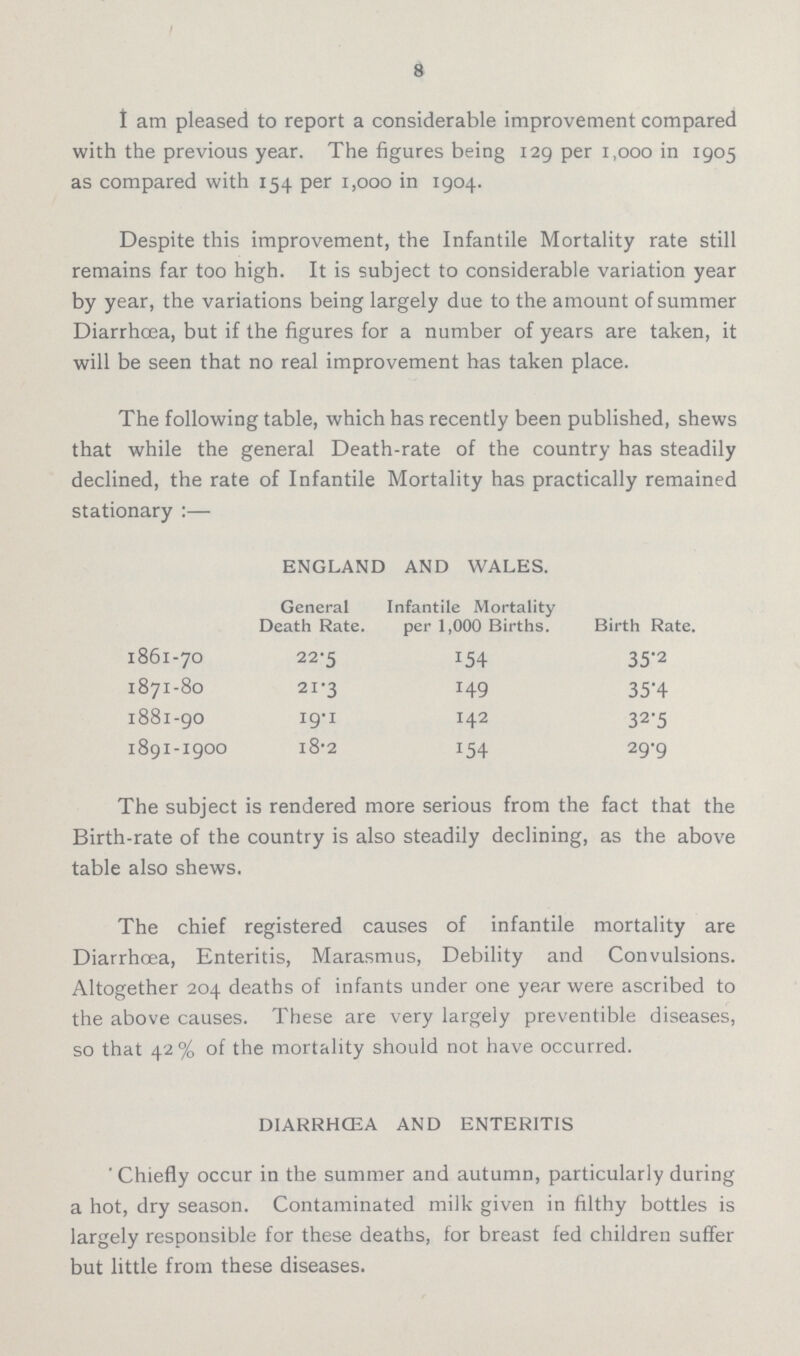 8 I am pleased to report a considerable improvement compared with the previous year. The figures being 129 per 1,000 in 1905 as compared with 154 per 1,000 in 1904. Despite this improvement, the Infantile Mortality rate still remains far too high. It is subject to considerable variation year by year, the variations being largely due to the amount of summer Diarrhoea, but if the figures for a number of years are taken, it will be seen that no real improvement has taken place. The following table, which has recently been published, shews that while the general Death-rate of the country has steadily declined, the rate of Infantile Mortality has practically remained stationary :— ENGLAND AND WALES. General Death Rate. Infantile Mortality per 1,000 Births. Birth Rate. 1861-70 22.5 154 35.2 1871-80 21.3 149 35.4 1881-90 19.1 142 32.5 1891-1900 18.2 154 29.9 The subject is rendered more serious from the fact that the Birth-rate of the country is also steadily declining, as the above table also shews. The chief registered causes of infantile mortality are Diarrhoea, Enteritis, Marasmus, Debility and Convulsions. Altogether 204 deaths of infants under one year were ascribed to the above causes. These are very largely preventible diseases, so that 42% of the mortality should not have occurred. DIARRHœA AND ENTERITIS 'Chiefly occur in the summer and autumn, particularly during a hot, dry season. Contaminated milk given in filthy bottles is largely responsible for these deaths, for breast fed children suffer but little from these diseases.