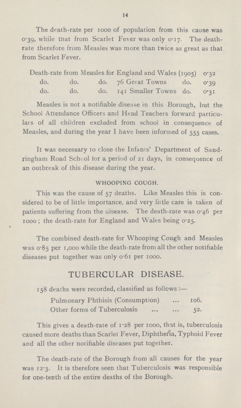 14 The death-rate per 1000 of population from this cause was 0.39, while that from Scarlet Fever was only 0.17. The death rate therefore from Measles was more than twice as great as that from Scarlet Fever. Death-rate from Measles for England and Wales (1905) 0.32 do. do. do. 76 Great Towns do. 0.39 do. do. do. 141 Smaller Towns do. 0.31 Measles is not a notifiable disease in this Borough, but the School Attendance Officers and Head Teachers forward particu lars of all children excluded from school in consequence of Measles, and during the year I have been informed of 555 cases. It was necessary to close the Infants' Department of Sand ringham Road School for a period of 21 days, in consequence of an outbreak of this disease during the year. WHOOPING COUGH. This was the cause of 57 deaths. Like Measles this is con sidered to be of little importance, and very little care is taken of patients suffering from the disease. The death-rate was 0.46 per 1000; the death-rate for England and Wales being 0.25. The combined death-rate for Whooping Cough and Measles was 0.85 per 1,000 while the death-rate from all the other notifiable diseases put together was only 0.61 per 1000. TUBERCULAR DISEASE. 158 deaths were recorded, classified as follows :— Pulmonary Phthisis (Consumption) 106. Other forms of Tuberculosis 52. This gives a death-rate of 1.28 per 1000, that is, tuberculosis caused more deaths than Scarlet Fever, Diphtheria, Typhoid Fever and all the other notifiable diseases put together. The death-rate of the Borough from all causes for the year was 12.3. It is therefore seen that Tuberculosis was responsible for one-tenth of the entire deaths of the Borough.