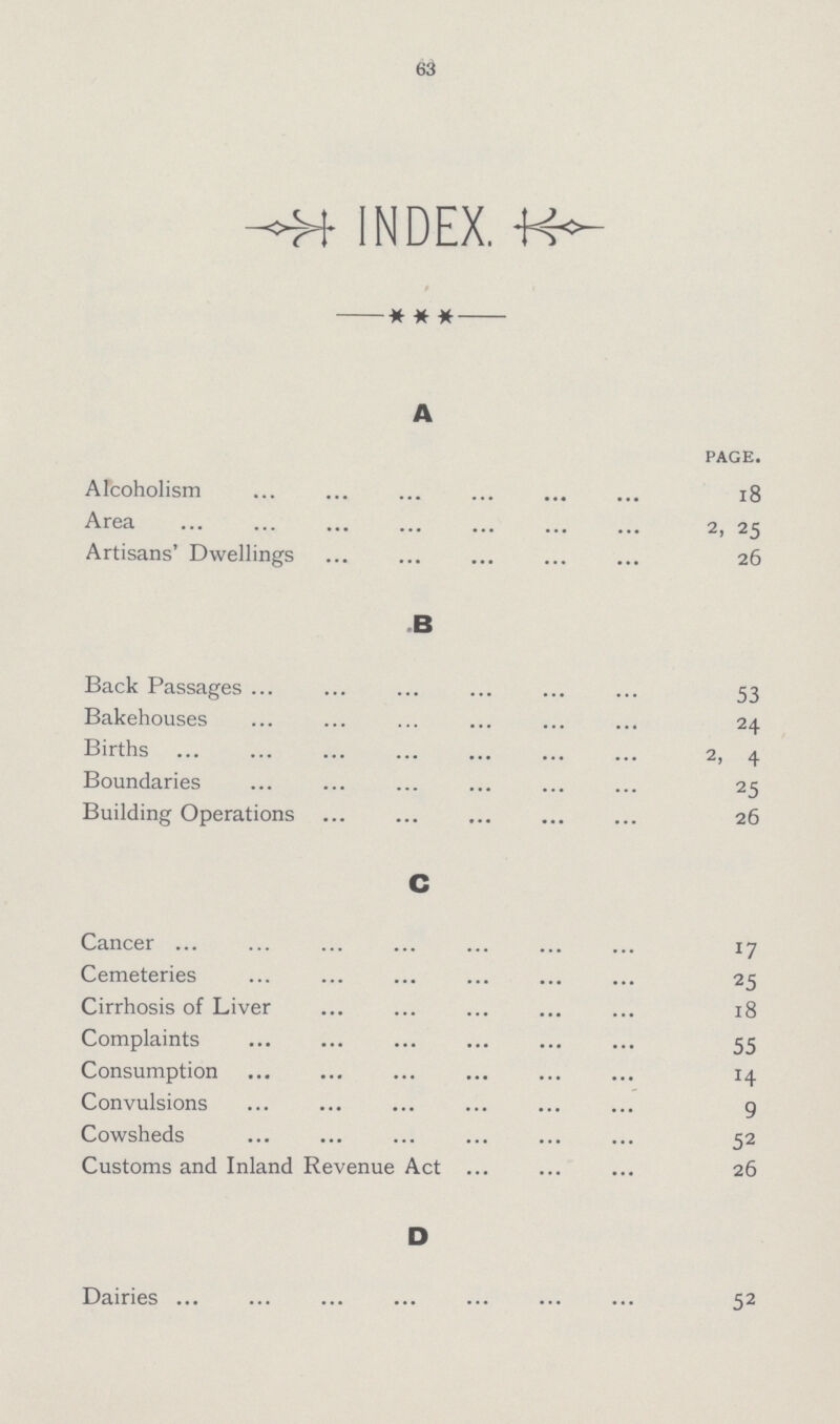 63 INDEX. * * * A page. Alcoholism 18 Area 2, 25 Artisans' Dwellings 26 B Back Passages 53 Bakehouses 24 Births 2, 4 Boundaries 25 Building Operations 26 C Cancer 17 Cemeteries 25 Cirrhosis of Liver 18 Complaints 55 Consumption 14 Convulsions 9 Cowsheds 52 Customs and Inland Revenue Act 26 D Dairies 52