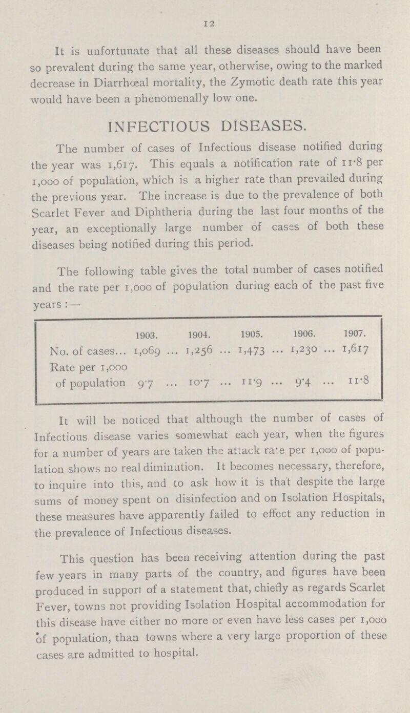 12 It is unfortunate that all these diseases should have been so prevalent during the same year, otherwise, owing to the marked decrease in Diarrhœal mortality, the Zymotic death rate this year would have been a phenomenally low one. INFECTIOUS DISEASES. The number of cases of Infectious disease notified during the year was 1,617. This equals a notification rate of 11.8 per 1,000 of population, which is a higher rate than prevailed during the previous year. The increase is due to the prevalence of both Scarlet Fever and Diphtheria during the last four months of the year, an exceptionally large number of cases of both these diseases being notified during this period. The following table gives the total number of cases notifiec and the rate per 1,000 of population during each of the past five years:— 1903. 1904. 1905. 1906. 1907. No. of cases 1,069 1,256 1,473 1,230 1,617 Rate per 1,000 of population 9.7 10.7 11.9 9.4 11.8 It will be noticed that although the number of cases of Infectious disease varies somewhat each year, when the figures for a number of years are taken the attack rate per 1,000 of popu lation shows no real diminution. It becomes necessary, therefore, to inquire into this, and to ask how it is that despite the large sums of money spent on disinfection and on Isolation Hospitals, these measures have apparently failed to effect any reduction in the prevalence of Infectious diseases. This question has been receiving attention during the past few years in many parts of the country, and figures have been produced in support of a statement that, chiefly as regards Scarlet Fever, towns not providing Isolation Hospital accommodation for this disease have either no more or even have less cases per 1,000 of population, than towns where a very large proportion of these cases are admitted to hospital.