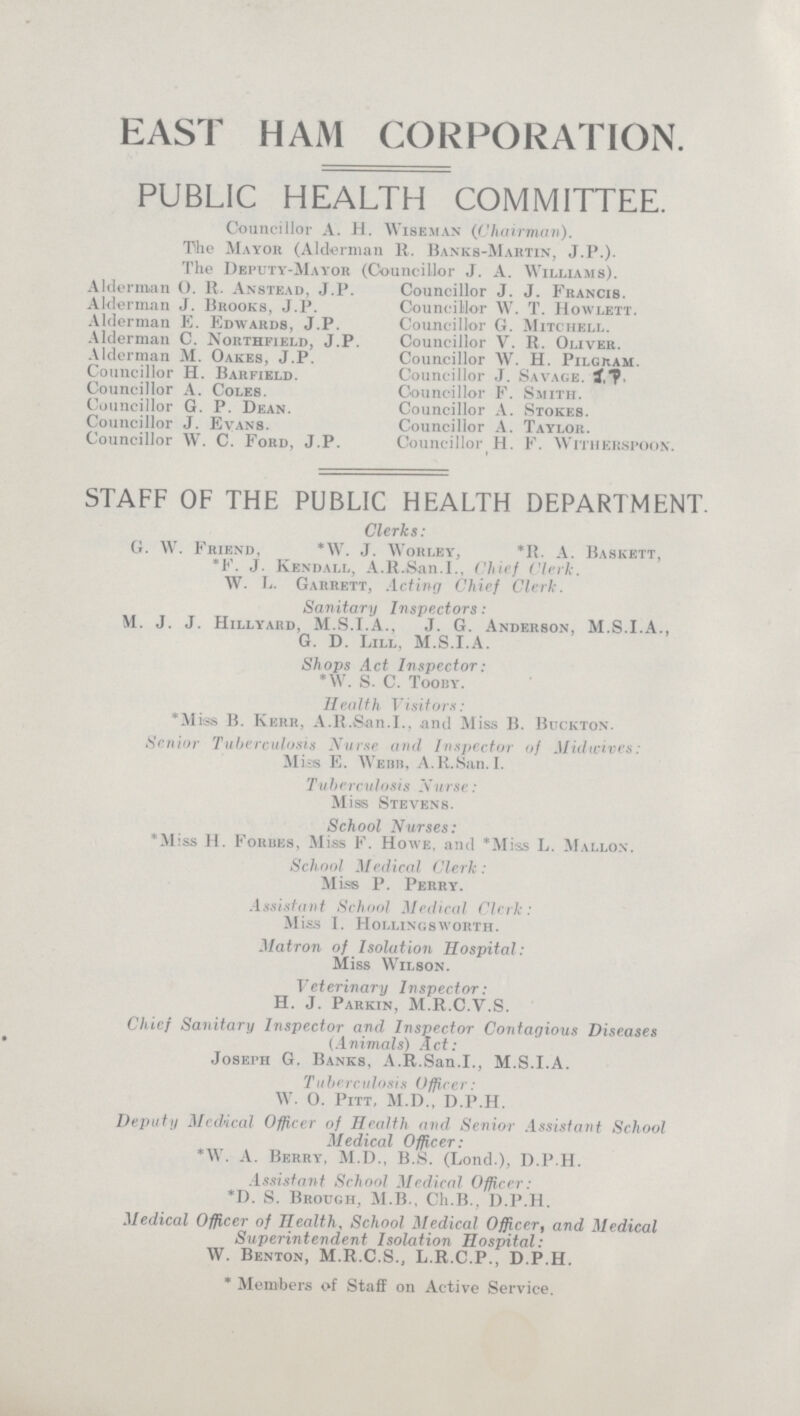 EAST HAM CORPORATION. PUBLIC HEALTH COMMITTEE. Councillor A. H. Wiseman (Chairman). The Mayor (Alderman R. Banks.Martin, J.P.). The Deputy.Mayor (Councillor J. A. Williams). Alderman O. R. Anstead, J. P. Alderman J. Brooks, J.P. Alderman E. Edwards, J.P. Alderman C. Northfield, J.P. Alderman M. Oakes, J.P. Councillor H. Barfield. Councillor A. Coles. Councillor G. P. Dean. Councillor J. Evans. Councillor W. C. Ford, J.P. Councillor J. J. Francis. Councillor W. T. Howlett. Councillor G. Mitchell. Councillor V. R. Oliver. Councillor W. H. Pilgram. Councillor .J. Savage. J.P. Councillor F. Smith. Councillor A. Stokes. Councillor A. Taylor. Councillor H. F. WlTHERSPOON. STAFF OF THE PUBLIC HEALTH DEPARTMENT Clerks: G. W. Friend, *W. J. Worley, *R. A. Baskett, *F. J. Kendall, A.R.San.I., Chief Clerk. W. L. Garrett, Acting Chief Clerk. Sanitary Inspectors: M. J. J. Hillyard, M.S.I.A., J. G. Anderson, M.S.I.A., G. D. Lill. M.S.I.A. Shops Act Inspector: *W. S. C. Tooiiy. Health Visitors: *Miss B. Kerr, A.R.San.I., and Miss B. Bockton. Senior Tuberculosis Nurse and Inspector of Midwives: Miss E. Wedb, A.K.San.I. Tuberculosis Nurse: Miss Stevens. School Nurses: *Miss H. Forbes, Miss F. Howe, and *Miss L. Mallon. School Medical Clerk: Miss P. Perry. Assistant School Medical Clerk: M iss I. Hollingsworth. Matron of Isolation Hospital: Miss Wilson. Veterinary Inspector: H. J. Parkin, M.R.C.V.S. Chief Sanitary Inspector and Inspector Contagious Diseases (Animals) Act: Joseph G. Banks, A.R.San.I., M.S.I.A. Tuberculosis Officer: W. O. Pitt, M.D., D.P.H. Deputy Medical Officer of Health and Senior Assistant School Medical Officer: *W. A. Berry, M.D., B.S. (Lond.), D.P.H. Assistant School Medical Officer: *D. S. Brough, M.B., Ch.B.. D.P.H. Medical Officer of Health, School Medical Officer, and Medical Superintendent Isolation Hospital: W. Benton, M.R.C.S., L.R.C.P., D.P.H. * Members of Staff on Active Service.