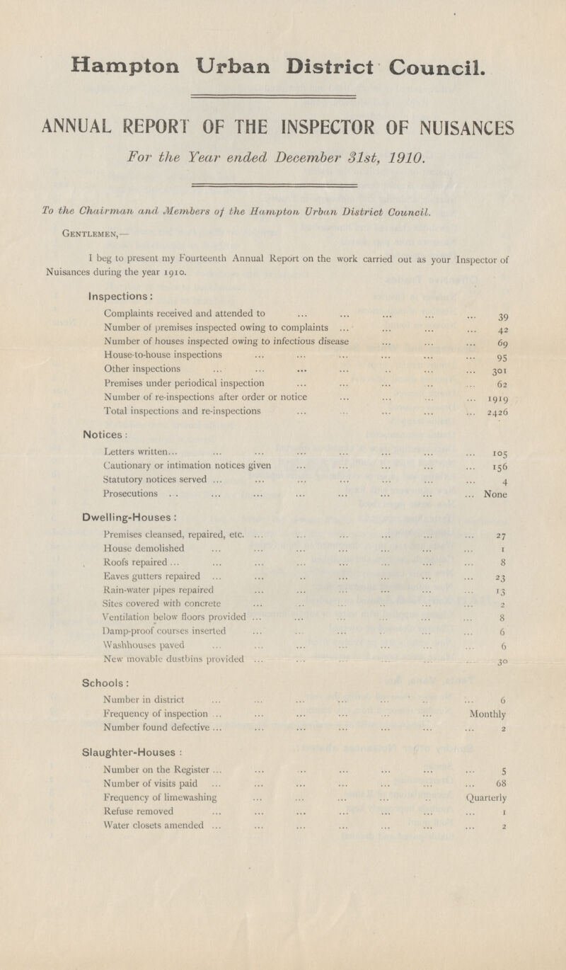 Hampton Urban District Council. ANNUAL REPORT OF THE INSPECTOR OF NUISANCES For the Year ended December 31st, 1910. To the Chairman and, Members of the Hampton Urban District Council. Gentlemen,— I beg to present my Fourteenth Annual Report on the work carried out as your Inspector of Nuisances during the year 1910. Inspections: Complaints received and attended to 39 Number of premises inspected owing to complaints 42 Number of houses inspected owing to infectious disease 69 House-to-house inspections 95 Other inspections 301 Premises under periodical inspection 62 Number of re-inspections after order or notice 1919 Total inspections and re-inspections 2426 Notices: Letters written 105 Cautionary or intimation notices given 156 Statutory notices served 4 Prosecutions None Dwelling-Houses: Premises cleansed, repaired, etc. 27 House demolished 1 Roofs repaired 8 Eaves gutters repaired 23 Rain-water pipes repaired 13 Sites covered with concrete 2 Ventilation below floors provided 8 Damp-proof courses inserted 6 Washhouses paved 6 New movable dustbins provided 30 Schools: Number in district 6 Frequency of inspection Monthly Number found defective 2 Slaughter-Houses: Number on the Register 5 Number of visits paid 68 Frequency of limewashing Quarterly Refuse removed 1 Water closets amended 2