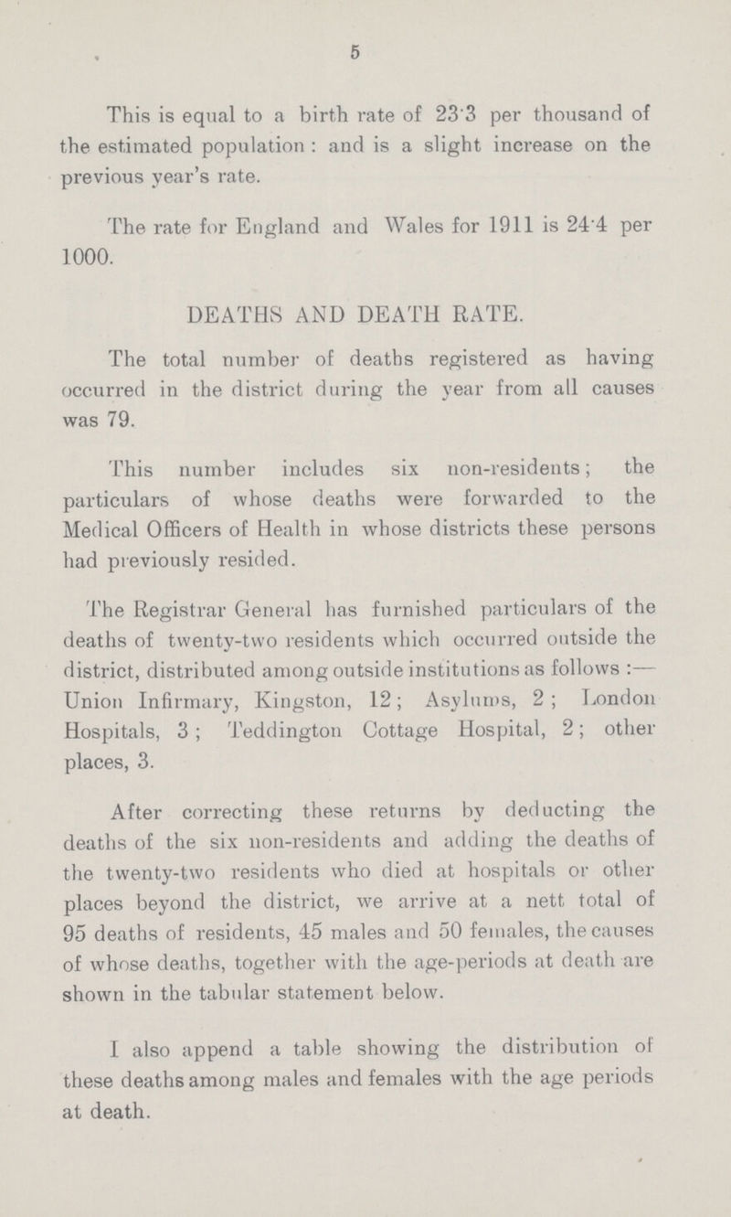 5 This is equal to a birth rate of 23'3 per thousand of the estimated population: and is a slight increase on the previous year's rate. The rate for England and Wales for 1911 is 24.4 per 1000. DEATHS AND DEATH RATE. The total number of deaths registered as having occurred in the district during the year from all causes was 79. This number includes six non-residents; the particulars of whose deaths were forwarded to the Medical Officers of Health in whose districts these persons had previously resided. The Registrar General has furnished particulars of the deaths of twenty-two residents which occurred outside the district, distributed among outside institutions as follows :— Union Infirmary, Kingston, 12; Asylums, 2; London Hospitals, 3; Teddington Cottage Hospital, 2; other places, 3. After correcting these returns by deducting the deaths of the six non-residents and adding the deaths of the twenty-two residents who died at hospitals or other places beyond the district, we arrive at a nett total of 95 deaths of residents, 45 males and 50 females, the causes of whose deaths, together with the age-periods at death are shown in the tabular statement below. I also append a table showing the distribution of these deaths among males and females with the age periods at death.