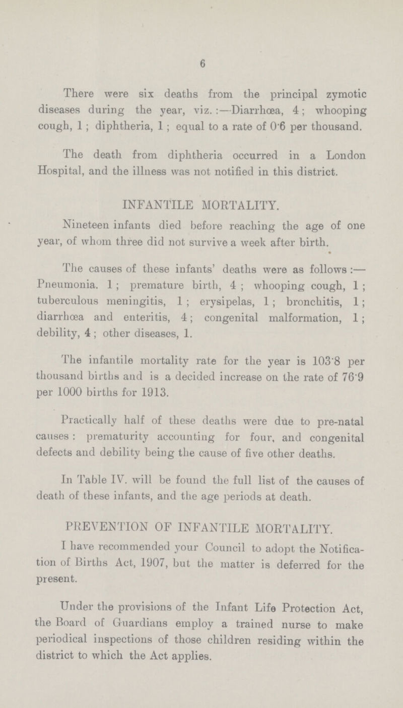 6 There were six deaths from the principal zymotic diseases during the year, viz.:—Diarrhoea, 4; whooping cough, 1; diphtheria, 1 ; equal to a rate of 0.6 per thousand. The death from diphtheria occurred in a London Hospital, and the illness was not notified in this district. INFANTILE MORTALITY. Nineteen infants died before reaching the age of one year, of whom three did not survive a week after birth. The causes of these infants' deaths were as follows:— Pneumonia. 1; premature birth, 4; whooping cough, 1; tuberculous meningitis, 1; erysipelas, 1; bronchitis, 1; diarrhoea and enteritis, 4; congenital malformation, 1; debility, 4 ; other diseases, 1. The infantile mortality rate for the year is 103'8 per thousand births and is a decided increase on the rate of 76.9 per 1000 births for 1913. Practically half of these deaths were due to pre-natal causes: prematurity accounting for four, and congenital defects and debility being the cause of five other deaths. In Table IV. will be found the full list of the causes of death of these infants, and the age periods at death. PREVENTION OF INFANTILE MORTALITY. I have recommended your Council to adopt the Notifica tion of Births Act, 1907, but the matter is deferred for the present. Under the provisions of the Infant Life Protection Act, the Board of Guardians employ a trained nurse to make periodical inspections of those children residing within the district to which the Act applies.