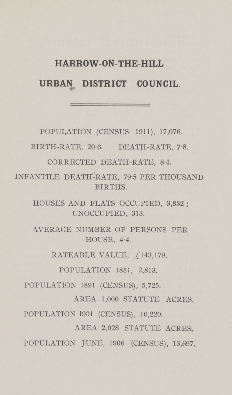 HARROW ON- THE- HILL URBAN DISTRICT COUNCIL POPULATION (CENSUS 1911), 17,076. BIRTH-RATE, 20.6. DEATH-RATE, 7.8. CORRECTED DEATH-RATE, 8.4. INFANTILE DEATH-RATE, 79.5 PER THOUSAND BIRTHS. HOUSES AND FEATS OCCUPIED, 3,832 ; UNOCCUPIED, 313. AVERAGE NUMBER OF PERSONS PER HOUSE, 4.4. RATEABLE VALUE, £143,179. POPULATION 185!, 2,813. POPULATION 1891 (CENSUS), 5,725. AREA 1,000 STATUTE ACRES. POPULATION 1901 (CENSUS), 10,220, AREA 2,028 STATUTE ACRES. POPULATION JUNE, 1906 (CENSUS), 13,697.