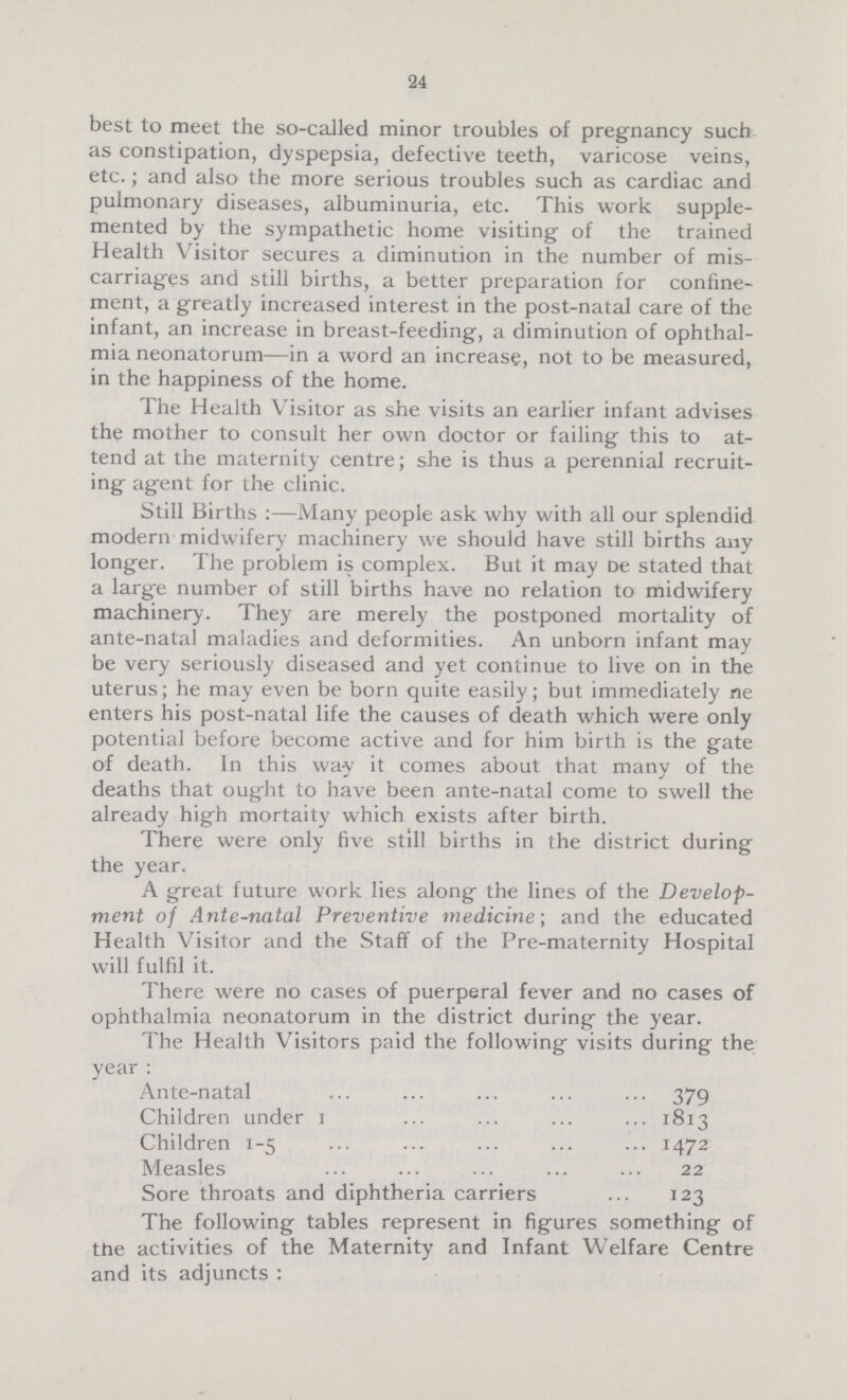 24 best to meet the so-called minor troubles of pregnancy such as constipation, dyspepsia, defective teeth, varicose veins, etc.; and also the more serious troubles such as cardiac and pulmonary diseases, albuminuria, etc. This work supple mented by the sympathetic home visiting of the trained Health Visitor secures a diminution in the number of mis carriages and still births, a better preparation for confine ment, a greatly increased interest in the post-natal care of the infant, an increase in breast-feeding, a diminution of ophthal mia neonatorum—in a word an increase, not to be measured, in the happiness of the home. The Health Visitor as she visits an earlier infant advises the mother to consult her own doctor or failing this to at tend at the maternity centre; she is thus a perennial recruit ing agent for the clinic. Still Births :—Many people ask why with all our splendid modern midwifery machinery we should have still births any longer. The problem is complex. But it may De stated that a large number of still births have no relation to midwifery machinery. They are merely the postponed mortality of ante-natal maladies and deformities. An unborn infant may be very seriously diseased and yet continue to live on in the uterus; he may even be born quite easily; but immediately ne enters his post-natal life the causes of death which were only potential before become active and for him birth is the gate of death. In this way it comes about that many of the deaths that ought to have been ante-natal come to swell the already high mortaity which exists after birth. There were only five still births in the district during the year. A great future work lies along the lines of the Develop ment of Ante-natal Preventive medicine; and the educated Health Visitor and the Staff of the Pre-maternity Hospital will fulfil it. There were no cases of puerperal fever and no cases of ophthalmia neonatorum in the district during the year. The Health Visitors paid the following visits during the year : Ante-natal 379 Children under 1 1813 Children 1-5 1472 Measles 22 Sore throats and diphtheria carriers 123 The following tables represent in figures something of the activities of the Maternity and Infant Welfare Centre and its adjuncts :