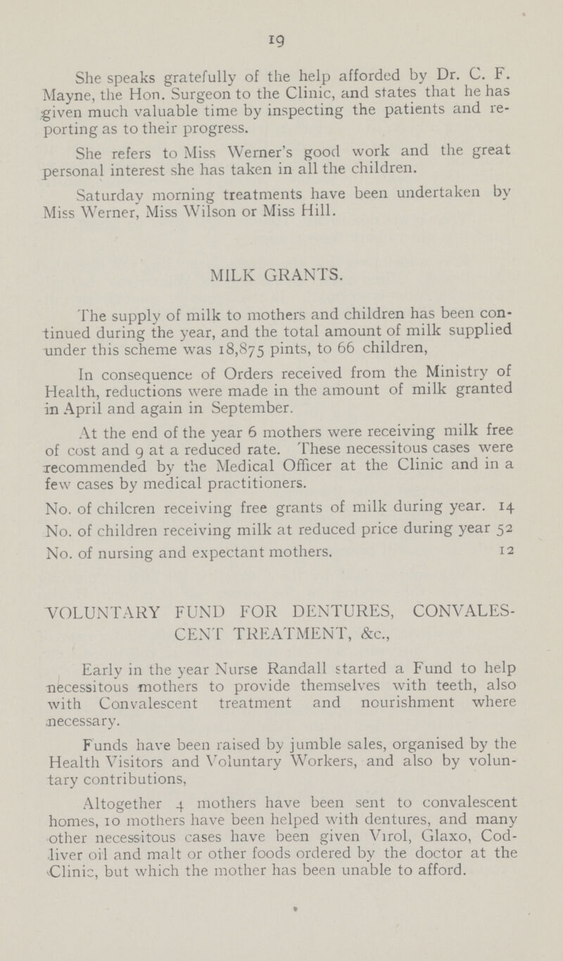 19 She speaks gratefully of the help afforded by Dr. C. F. Mayne, the Hon. Surgeon to the Clinic, and states that he has given much valuable time by inspecting the patients and re porting as to their progress. She refers to Miss Werner's good work and the great personal interest she has taken in all the children. Saturday morning treatments have been undertaken by Miss Werner, Miss Wilson or Miss Hill. MILK GRANTS. The supply of milk to mothers and children has been con tinued during the year, and the total amount of milk supplied under this scheme was 18,875 pints, to 66 children, In consequence of Orders received from the Ministry of Health, reductions were made in the amount of milk granted in April and again in September. At the end of the year 6 mothers were receiving milk free of cost and 9 at a reduced rate. These necessitous cases were recommended by the Medical Officer at the Clinic and in a few cases by medical practitioners. No. of chilcren receiving free grants of milk during year. 14 No. of children receiving milk at reduced price during year 52 No. of nursing and expectant mothers. 12 VOLUNTARY FUND FOR DFNTURES, CONVALES CENT TREATMENT, &c., Early in the year Nurse Randall started a Fund to help necessitous mothers to provide themselves with teeth, also with Convalescent treatment and nourishment where necessary. Funds have been raised by jumble sales, organised by the Health Visitors and Voluntary Workers, and also by volun tary contributions, Altogether 4 mothers have been sent to convalescent homes, 10 mothers have been helped with dentures, and many other necessitous cases have been given Virol, Glaxo, Cod. liver oil and malt or other foods ordered by the doctor at the Clinic, but which the mother has been unable to afford.