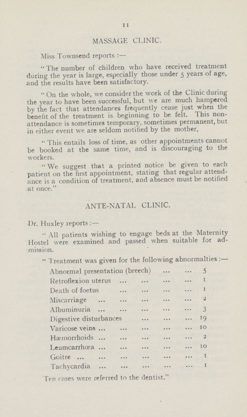 11 MASSAGE CLINIC. Miss Townsend reports:— The number of children who have received treatment during the year is large, especially those under 5 years of age, and the results have been satisfactory. On the whole, we consider the work of the Clinic during the year to have been successful, but we are much hampered by the fact that attendances frequently cease just when the benefit of the treatment is beginning to be felt. This non attendance is sometimes temporary, sometimes permanent, but in either event we are seldom notified by the mother, This entails loss of time, as other appointments cannot be booked at the same time, and is discouraging to the workers. We suggest that a printed notice be given to each patient on the first appointment, stating that regular attend ance is a condition of treatment, and absence must be notified at once. ANTE-NATAL CLINIC. Dr. Huxley reports:— All patients wishing to engage beds at the Maternity Hostel were examined and passed when suitable for ad mission.  Treatment was given for the following abnormalties:— Abnormal presentation (breech) 5 Retroflexion uterus 1 Death of foetus 1 Miscarriage 2 Albuminuria 3 Digestive disturbances 19 Varicose veins 10 Haemorrhoids 2 Leumcarrhœa 10 Goitre 1 Tachycardia 1 Ten cases were referred to the dentist.