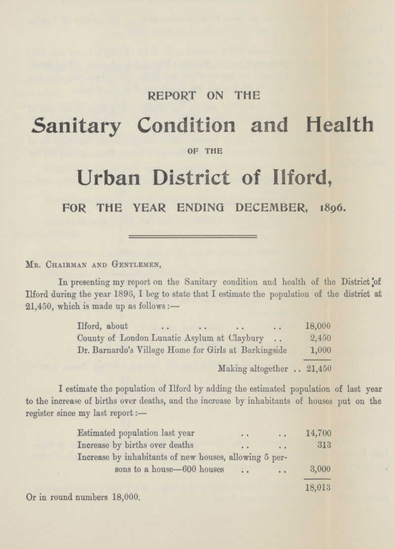REPORT ON THE Sanitary Condition and Health OF THE Urban District of Ilford, FOR THE YEAR ENDING DECEMBER, 1896. Mr. Chairman and Gentlemen, In presenting my report on the Sanitary condition and health of the District of Ilford during the year 1898, I beg to state that I estimate the population of the district at 21,450, which is made up as follows:— Ilford, about 18,000 County of London Lunatic Asylum at Claybury 2,450 Dr. Barnardo's Village Home for Girls at Barkingside 1,000 Making altogether 21,450 I estimate the population of Ilford by adding the estimated population of last year to the increase of births over deaths, and the increase by inhabitants of houses put on the register since my last report:— Estimated population last year 14,700 Increase by births over deaths 313 Increase by inhabitants of new houses, allowing 5 per sons to a house—600 houses 3,000 18,013 Or in round numbers 18,000.