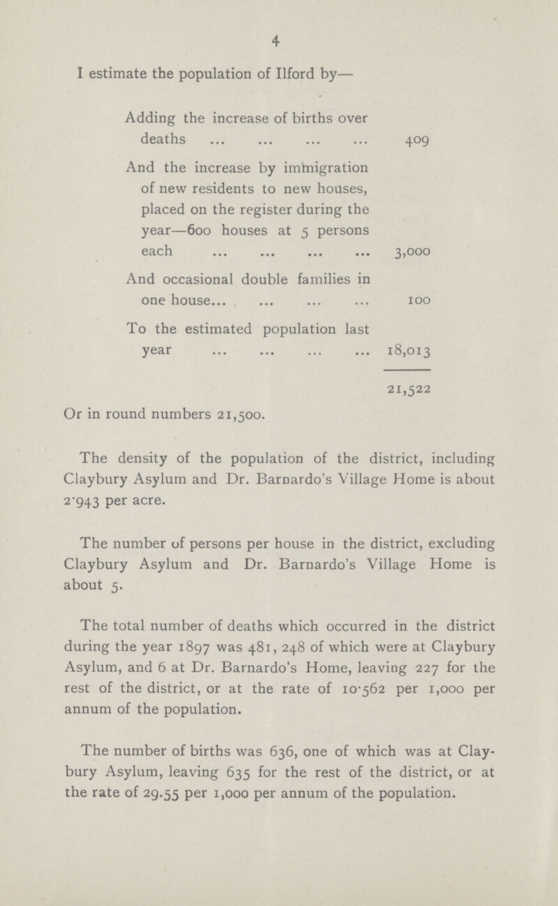 4 I estimate the population of Ilford by— Adding the increase of births over deaths 409 And the increase by immigration of new residents to new houses, placed on the register during the year—600 houses at 5 persons each 3,000 And occasional double families in one house 100 To the estimated population last year 18,013 21,522 Or in round numbers 21,500. The density of the population of the district, including Claybury Asylum and Dr. Barnardo's Village Home is about 2.943 Per acre. The number of persons per house in the district, excluding Claybury Asylum and Dr. Barnardo's Village Home is about 5. The total number of deaths which occurred in the district during the year 1897 was 481, 248 of which were at Claybury Asylum, and 6 at Dr. Barnardo's Home, leaving 227 for the rest of the district, or at the rate of 10.562 per 1,000 per annum of the population. The number of births was 636, one of which was at Clay bury Asylum, leaving 635 for the rest of the district, or at the rate of 29.55 Per 1,000 per annum of the population.