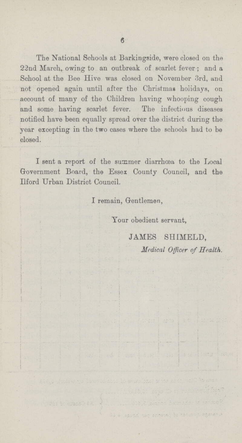 6 The National Schools at Barkingside, were closed on the 22nd March, owing to an outbreak of scarlet fever; and a School at the Bee Hive was closed on November 3rd, and not opened again until after the Christmas holidays, on account of many of the Children having whooping cough and some having scarlet fever. The infectious diseases notified have been equally spread over the district during the year excepting in the two cases where the schools had to be closed. I sent a report of the summer diarrhoea to the Local Government Board, the Essex County Council, and the Ilford Urban District Council. I remain, Gentlemen, Tour obedient servant, JAMES SHIMELD, Medical Officer of Health.