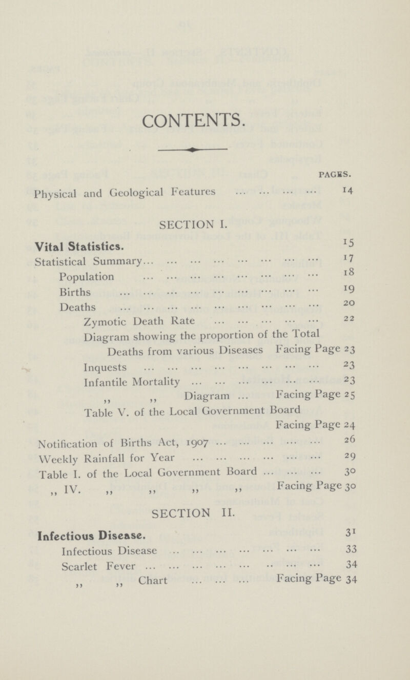 CONTENTS. pages. Physical and Geological Features 14 SECTION I. Vital Statistics. 15 Statistical Summary 17 Population 18 Births 19 Deaths 20 Zymotic Death Rate 22 Diagram showing the proportion of the Total Deaths from various Diseases Facing Page 23 Inquests 23 Infantile Mortality 23 ,, ,, Diagram Facing Page 25 Table V. of the Local Government Board Facing Page 24 Notification of Births Act, 1907 26 Weekly Rainfall for Year 29 Table I. of the Local Government Board 30 „ IV. „ ,, „ ,, Facing Page 30 SECTION II. Infectious Disease. 31 Infectious Disease 33 Scarlet Fever 34 „ ,, Chart Facing Page 34