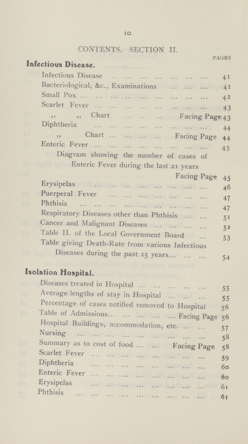 10 CONTENTS. SECTION II. pages Infectious Disease. Infectious Disease 41 Bacteriological, &c., Examinations 41 Small Pox 42 Scarlet Fever 43 ,, Chart Facing Page 43 Diphtheria 44 ,, Chart Facing Page 44 Enteric Fever 45 Diagram showing the number of cases of Enteric Fever during the last 21 years Facing Page 45 Erysipelas 46 Puerperal Fever 47 Phthisis 47 Respiratory Diseases other than Phthisis 51 Cancer and Malignant Diseases 52 Table II. of the Local Government Board 53 Table giving Death-Rate from various Infectious Diseases during the past 15 years 54 Isolation Hospital. Diseases treated in Hospital 55 Average lengths of stay in Hospital 55 Percentage of cases notified removed to Hospital 56 Table of Admissions Facing Page 56 Hospital Buildings, accommodation, etc. 57 Nursing 58 Summary as to cost of food Facing Page 58 Scarlet Fever 59 Diphtheria 60 Enteric Fever 60 Erysipelas 61 Phthisis 61