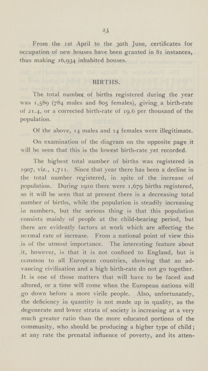 23 From the 1st April to the 30th June, certificates for occupation of new houses have been granted in 81 instances, thus making 16,934 inhabited houses. BIRTHS. The total number of births registered during the year was 1,589 (784 males and 805 females), giving a birth-rate of 21.4, or a corrected birth-rate of 19.6 per thousand of the population. Of the above, 14 males and 14 females were illegitimate. On examination of the diagram on the opposite page it will be seen that this is the lowest birth-rate yet recorded. The highest total number of births was registered in 1907, viz., 1,711. Since that year there has been a decline in the total number registered, in spite of the increase of population. During 1910 there were 1,679 births registered, so it will be seen that at present there is a decreasing total number of births, while the population is steadily increasing in numbers, but the serious thing is that this population consists mainly of people at the child-bearing period, but there are evidently factors at work which are affecting the normal rate of increase. From a national point of view this is of the utmost importance. The interesting feature about it, however, is that it is not confined to England, but is common to all European countries, showing that an ad vancing civilisation and a high birth-rate do not go together. It is one of those matters that will have to be faced and altered, or a time will come when the European nations will go down before a more virile people. Also, unfortunately, the deficiency in quantity is not made up in quality, as the degenerate and lower strata of society is increasing at a very much greater ratio than the more educated portions of the community, who should be producing a higher type of child; at any rate the prenatal influence of poverty, and its atten¬