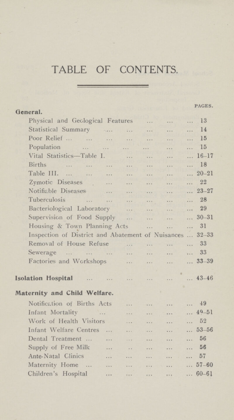 TABLE OF CONTENTS. pages. General. Physical and Geological Features 13 Statistical Summary 14 Poor Relief 15 Population 15 Vital Statistics—Table I 16-17 Births 18 Table III 20-21 Zymotic Diseases 22 Notifiable Diseases 23-27 Tuberculosis 28 Bacteriological Laboratory 29 Supervision of Food Supply 30-31 Housing & Town Planning Acts 31 Inspection of District and Abatement of Nuisances 32-33 Removal of House Refuse 33 Sewerage 33 Factories and Workshops 33-39 Isolation Hospital 43-46 Maternity and Child Welfare. Notification of Births Acts 49 Infant Mortality 49-51 Work of Health Visitors 52 Infant Welfare Centres 53-56 Dental Treatment 56 Supply of Free Milk 56 Ante-Natal Clinics 57 Maternity Home 57-60 Children's Hospital 60—61