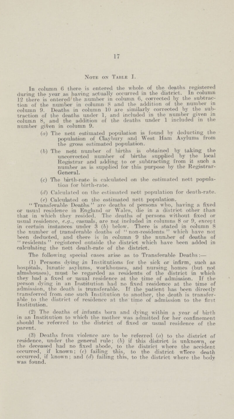 17 Note on Table I. In column 6 there is entered the whole of the deaths registered during the year as having actually occurred in the district. In column 12 there is entered the number in column 6, corrected by the subtrac tion of the number in coilumn 8 and the addition of the number in column 9. Deaths in column 10 are similarly corrected by the sub traction of the dearth® under 1, and included in the number given in column 8, and the addition of the deaths under 1 included in the number given in column 9. (ii) The nett estimated population is found by deducting the population of Claybury and West Ham Asylums from the gross estimated population. (h) The nett number of births is obtained by taking the uncoiirecited number of births supplied by the local Registrar and adding to or subtracting from it such a number as is supplied for this purpose by the Registrar General. (c) The birth-rate is calculated on the estimated nett popula¬ tion for birth-rate. (d) Calculated on the estimated nett population for death-rate. (e) Calculated on the estimated nett population. Transferable Deaths are deaths of persons who, having a fixed or usual residence in England or Wales, die in a district other than thart in which they resided. The deaths of persons without fixed or usual residence, e.g., casuals, are not included in columns 8 or 9, except i.n certain instances under 8 (ft) below. There is stated in column 8 the numl>er of transferable dearths of  non-residents  which have not been deducted, and there is in column 9 the number of deaths of residents registered outside the district which have been added in calculating the nett death-rate of the district. The following special cases arise as to Transferable Deaths:— (1) Persons dying in Institutions for the sick or infirm, such as hospitals, lunatic asylums, workhouses, and nursing homes (but not almshouses), must be regarded as residents of the district in which they had a fixed or usual residence at the time of admission. If the person dying in an Imslbiitution had no fixed residence at the time of admission, the death is transferable. Tf the patient has been directly transferred from one such Institution to another, the dearth is transfer able to the district of residence at the time of admission to the first Institution. (2) The dearths of in faults born and dying within a year of birth in an Institution to which the mother was admitted for her confinement should be referred to the district of fixed or usual residence of the parent. (3) Deaths from violence a,re to be referred (a) to the district of residence, under the general rule; (It) if this district is unknown, or the deceased had no fixed abode, to the district where the accident occurred, if known; (c) failing this, to the district where death occurred, if known; and (d) failing this, to the district where the body was found.