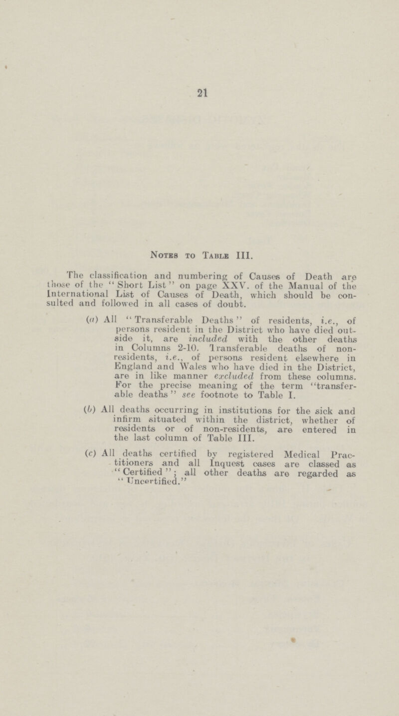 21 Notes to Table III. The classification and numbering of Causes of Death are those of the Short List on page XXV. of the Manual of the International List of Causes of Death, which should be con suited and followed in all cases of doubt. (a) All Transferable Deaths of residents, i.e., of persons resident in the District who have died out side it, are included with the other deaths in Columns 2-10. Iransferable deaths of non residents, i.e.. of persons resident elsewhere in England and Wales who have died in the District, are in like manner excluded from these columns. For the precise meaning of the term transfer able deaths  see footnote to Table I. (b) All deaths occurring in institutions for the sick and infirm situated within the district, whether of residents or of non-residents, are entered in the last column of Table III. (c) All deaths certified by registered Medical Prac¬ titioners and all Inquest cases are classed as ''Certified : all other deaths are regarded as  Uncertified.