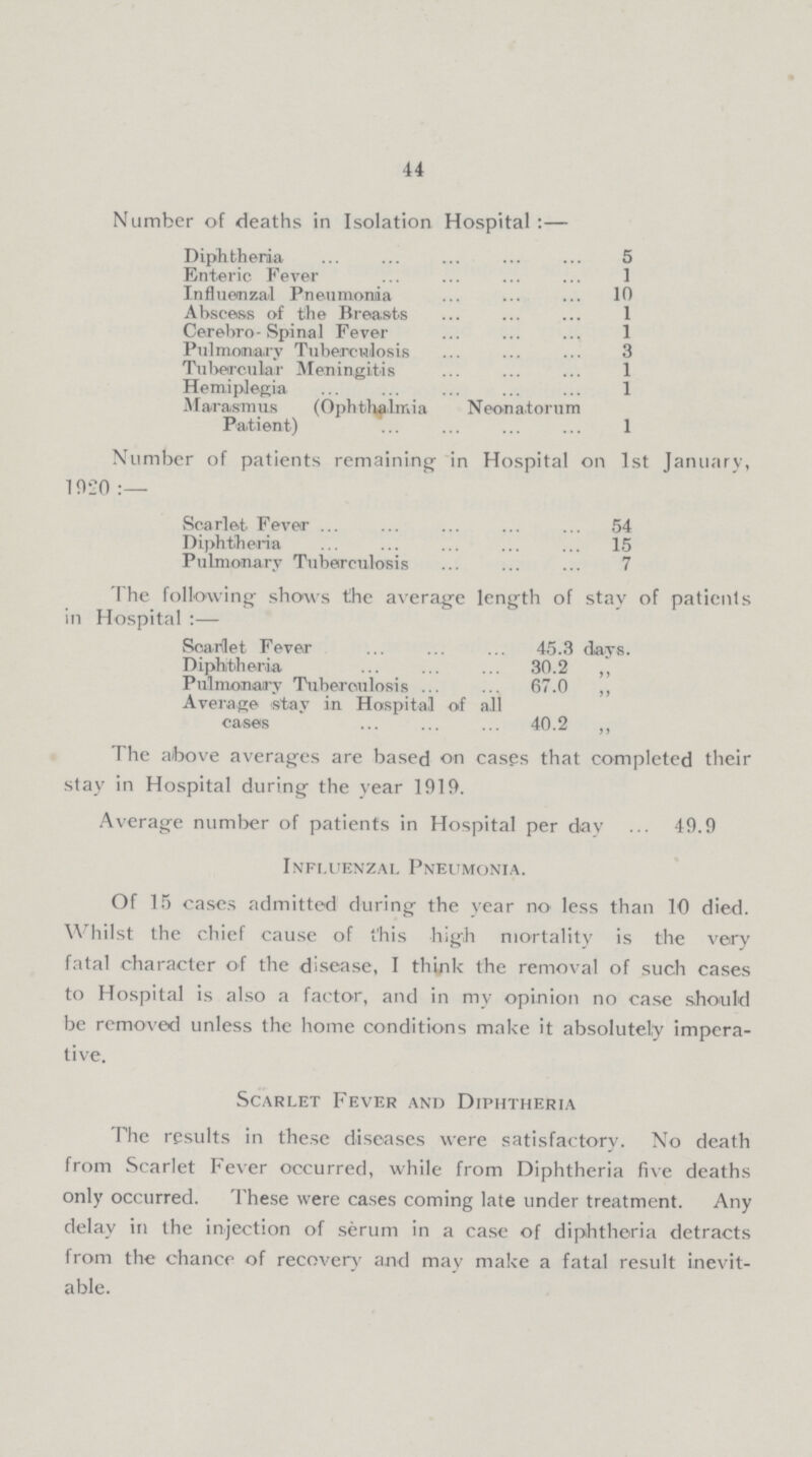 44 Number of deaths in Isolation Hospital:— Diphtheria 5 Enteric Fever 1 Influenzal Pneumonia 10 Abscess of the Breasts 1 Cerebro-Spinal Fever 1 Pulmonary Tuberculosis 3 Tubercular Meningitis 1 Hemiplegia 1 Marasmus (Ophthalmia Neonatorum Patient) 1 Number of patients remaining in Hospital on 1st January 1920:— Scarlet Fever 54 Diphtheria 15 Pulmonary Tuberculosis 7 The following' shows the average length of stay of patients in Hospital:— Scarlet Fever 45.3 days. Diphtheria 30.2 ,, Pulmonary Tuberculosis 67.0 ,, Average stay in Hospital of all cases 40.2 ,, The above averages are based on cases that completed their stay in Hospital during the year 1919. Average number of patients in Hospital per day 49.9 Influenzal Pneumonia. Of 15 cases admitted during the year no less than 10 died. Whilst the chief cause of this high mortality is the very fatal character of the disease, I think the removal of such cases to Hospital is also a factor, and in my opinion no case should be removed unless the home conditions make it absolutely impera tive. Scarlet Fever and Diphtheria The results in these diseases were satisfactory. No death from Scarlet Fever occurred, while from Diphtheria five deaths only occurred. These were cases coming late under treatment. Any delay in the injection of serum in a case of diphtheria detracts from the chance of recovery and may make a fatal result inevit able.