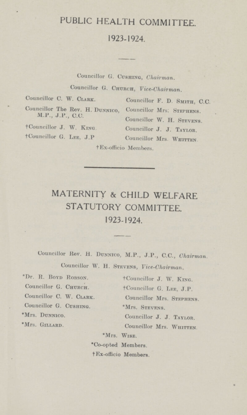 PUBLIC HEALTH COMMITTEE. 1923-1924. Councillor G. Cushing, Chairman. Councillor G. Church, Vice-Chairman. Councillor C. W. Clark. Councillor F. D. Smith, C.C. Councillor The Rev. H. Dunnico, Councillor Mrs: Stephens. M.P., J.P., C.C. Councillor W. H. Stevens. †Councillor J. W. King. Councillor J. J. Taylor. †Councillor G. Lee, J.P Councillor Mrs. Whitten †Ex-officio Members. MATERNITY & CHILD WELFARE STATUTORY COMMITTEE. 1923-1924. Councillor Rev. H. Dunnico, M.P., J.P., C.C., Chairman. Councillor W. H. Stevens, Vice-Chairman. *Dr. P. Poyd Pobson. Councillor G. Church. Councillor C. W. Clark. Councillor G. Cushing. *Mrs. Dunnico. *Mrs. Gillard. †Councillor J. W. King. †Councillor G. Lee, J.P. Councillor Mrs. Stephens. *Mrs. Stevf.ns. Councillor J. J. Taylor. Councillor Mrs. Whittf.n *Mrs. Wise. *Co-opted Members. †Ex-officio Members.