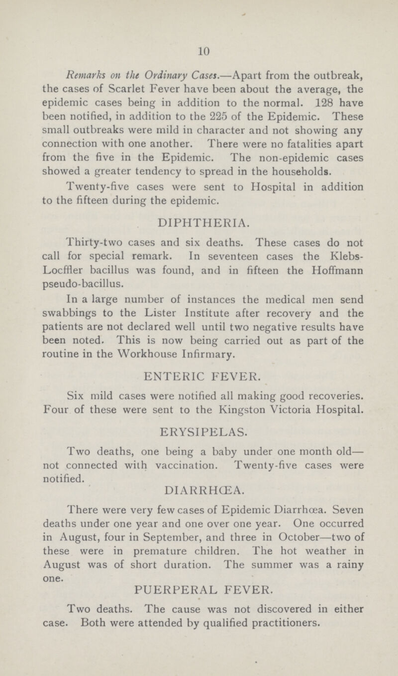 10 Remarks on the Ordinary Cases.— Apart from the outbreak, the cases of Scarlet Fever have been about the average, the epidemic cases being in addition to the normal. 128 have been notified, in addition to the 225 of the Epidemic. These small outbreaks were mild in character and not showing any connection with one another. There were no fatalities apart from the five in the Epidemic. The non-epidemic cases showed a greater tendency to spread in the households. Twenty-five cases were sent to Hospital in addition to the fifteen during the epidemic. DIPHTHERIA. Thirty-two cases and six deaths. These cases do not call for special remark. In seventeen cases the Klebs Locffler bacillus was found, and in fifteen the Hoffmann pseudo-bacillus. In a large number of instances the medical men send swabbings to the Lister Institute after recovery and the patients are not declared well until two negative results have been noted. This is now being carried out as part of the routine in the Workhouse Infirmary. ENTERIC FEVER. Six mild cases were notified all making good recoveries. Four of these were sent to the Kingston Victoria Hospital. ERYSIPELAS. Two deaths, one being a baby under one month old— not connected with vaccination. Twenty-five cases were notified. DIARRHCEA. There were very few cases of Epidemic Diarrhoea. Seven deaths under one year and one over one year. One occurred in August, four in September, and three in October—two of these were in premature children. The hot weather in August was of short duration. The summer was a rainy one. PUERPERAL FEVER. Two deaths. The cause was not discovered in either case. Both were attended by qualified practitioners.