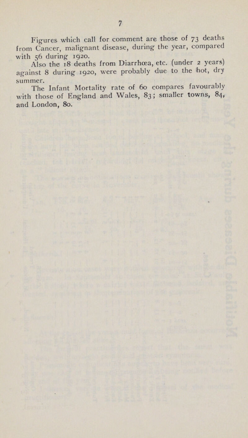 7 Figures which call for comment are those of 73 deaths from Cancer, malignant disease, during the year, compared with 56 during 1920. Also the 18 deaths from Diarrhœa, etc. (under 2 years) against 8 during 1920, were probably due to the hot, dry summer. The Infant Mortality rate of 60 compares favourably with those of England and Wales, 83; smaller towns, 84, and London, 80.