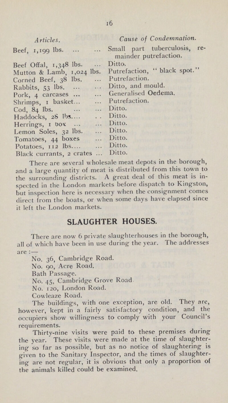 16 Articles. Cause of Condemnation. Beef, 1,199 lbs. Small part tuberculosis, re mainder putrefaction. Beef Offal, 1,348 lbs. Ditto. Mutton & Lamb, 1,024 lbs. Putrefaction, black spot. Corned Beef, 38 lbs. Putrefaction. Rabbits, 53 lbs. Ditto, and mould. Pork, 4 carcases Generalised Oedema. Shrimps, 1 basket Putrefaction. Cod, 84 lbs. Ditto. Haddocks, 28 lbs. Ditto. Herrings, 1 box Ditto. Lemon Soles, 32 lbs. Ditto. Tomatoes, 44 boxes Ditto. Potatoes, 112 lbs Ditto. Black currants. 2 crates Ditto. There are several wholesale meat depots in the borough, and a large quantity of meat is distributed from this town to the surrounding districts. A great deal of this meat is in spected in the London markets before dispatch to Kingston, but inspection here is necessary when the consignment comes direct from the boats, or when some days have elapsed since it left the London markets. SLAUGHTER HOUSES. There are now 6 private slaughterhouses in the borough, all of which have been in use during the year. The addresses are:— No. 36, Cambridge Road. No. 90, Acre Road. Bath Passage. No. 45, Cambridge Grove Road No. 120, London Road. Cowleaze Road. The buildings, with one exception, are old. They are, however, kept in a fairly satisfactory condition, and the occupiers show willingness to comply with your Council's requirements. Thirty-nine visits were paid to these premises during the year. These visits were made at the time of slaughter ing so far as possible, but as no notice of slaughtering is given to the Sanitary Inspector, and the times of slaughter ing are not regular, it is obvious that only a proportion of the animals killed could be examined.