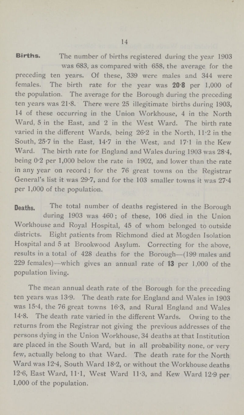 14 Births. The number of births registered during the year 1903 was 683, as compared with 658, the average for the preceding ten years. Of these, 339 were males and 344 were females. The birth rate for the year was 20.8 per 1,000 of the population. The average for the Borough during the preceding ten years was 21.8. There were 25 illegitimate births during 1903, 14 of these occurring in the Union Workhouse, 4 in the North Ward, 5 in the East, and 2 in the West Ward. The birth rate varied in the different Wards, being 26.2 in the North, 11.2 in the South, 25.7 in the East, 14.7 in the West, and 17.1 in the Kew Ward. The birth rate for England and Wales during 1903 was 28 4, being 0.2 per 1,000 below the rate in 1902, and lower than the rate in any year on record; for the 76 great towns on the Registrar General's list it was 29.7, and for the 103 smaller towns it was 27.4 per 1,000 of the population. Deaths. The total number of deaths registered in the Borough during 1903 was 460; of these, 106 died in the Union Workhouse and Royal Hospital, 45 of whom belonged to outside districts. Eight patients from Richmond died at Mogden Isolation Hospital and 5 at Brookwood Asylum. Correcting for the above, results in a total of 428 deaths for the Borough—(199 males and 229 females)—which gives an annual rate of 13 per 1,000 of the population living. The mean annual death rate of the Borough for the preceding ten years was 13.9. The death rate for England and Wales in 1903 was 15.4, the 76 great towns 16.3, and Rural England and Wales 14.8. The death rate varied in the different Wards. Owing to the returns from the Registrar not giving the previous addresses of the persons dying in the Union Workhouse, 34 deaths at that Institution are placed in the South Ward, but in all probability none, or very few, actually belong to that Ward. The death rate for the North Ward was 12.4, South Ward 18.2, or without the Workhouse deaths 12.6, East Ward, 11.1, West Ward 11.3, and Kew Ward 12.9 per 1,000 of the population.