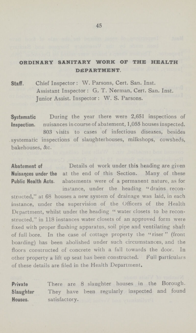 45 ORDINARY SANITARY WORK OF THE HEALTH DEPARTMENT. Staff. Chief Inspector : W. Parsons, Cert. San. Inst. Assistant Inspector : G. T. Norman, Cert. San. Inst. Junior Assist. Inspector : W. S. Parsons. Systematic Inspection. During the year there were 2,651 inspections of nuisances in course of abatement, 1,055 houses inspected. 803 visits to cases of infectious diseases, besides Abatement of Nuisances under the Public Health Acts. Details of work under this heading are given at the end of this Section. Many of these abatements were of a permanent nature, as for instance, under the heading drains recon- Private Slaughter Houses. There are 8 slaughter houses in the Borough. They have been regularly inspected and found satisfactory. systematic inspections of slaughterhouses, milkshops, cowsheds, bakehouses, &c. structed, at 68 houses a new system of drainage was laid, in each instance, under the supervision of the Officers of the Health Department, whilst under the heading  water closets to be recon structed, in 118 instances water closets of an approved form were fixed with proper flushing apparatus, soil pipe and ventilating shaft of full bore. In the case of cottage property the riser (front boarding) has been abolished under such circumstances, and the floors constructed of concrete with a fall towards the door. In other property a lift up seat has been constructed. Full particulars of these details are filed in the Health Department.