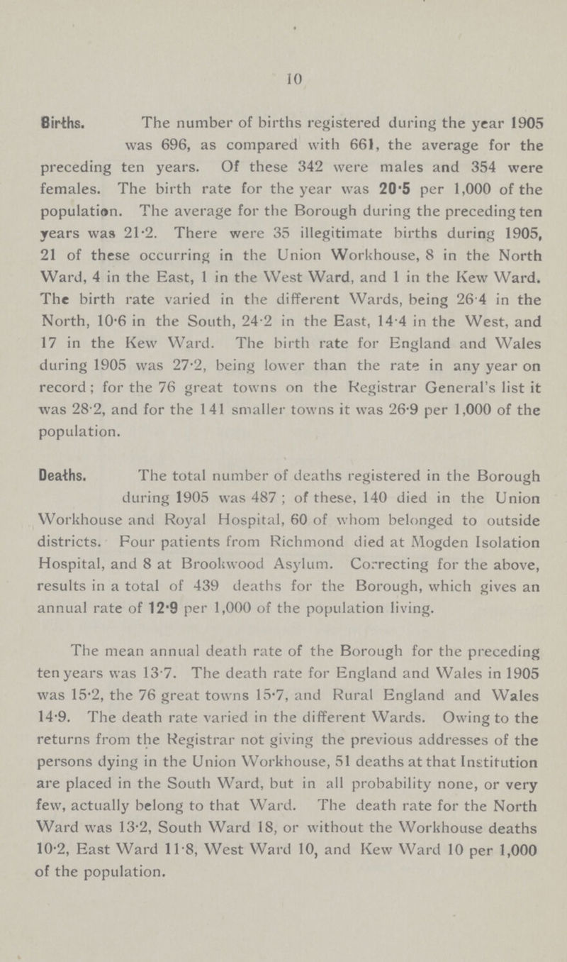 10 Births. The number of births registered during the year 1905 was 696, as compared with 661, the average for the preceding ten years. Of these 342 were males and 354 were females. The birth rate for the year was 20.5 per 1,000 of the population. The average for the Borough during the preceding ten years was 21.2. There were 35 illegitimate births during 1905, 21 of these occurring in the Union Workhouse, 8 in the North Ward, 4 in the East, 1 in the West Ward, and 1 in the Kew Ward. The birth rate varied in the different Wards, being 26 4 in the North, 10.6 in the South, 24 2 in the East, 14 4 in the West, and 17 in the Kew Ward. The birth rate for England and Wales during 1905 was 27.2, being lower than the rate in any year on record; for the 76 great towns on the Registrar General's list it was 28 2, and for the 141 smaller towns it was 26.9 per 1,000 of the population. Deaths. The total number of deaths registered in the Borough during 1905 was 487; of these, 140 died in the Union Workhouse and Royal Hospital, 60 of whom belonged to outside districts. Four patients from Richmond died at Mogden Isolation Hospital, and 8 at Brookwood Asylum. Correcting for the above, results in a total of 439 deaths for the Borough, which gives an annual rate of 12.9 per 1,000 of the population living. The mean annual death rate of the Borough for the preceding ten years was 13 7. The death rate for England and Wales in 1905 was 15.2, the 76 great towns 15.7, and Rural England and Wales 14.9. The death rate varied in the different Wards. Owing to the returns from the Registrar not giving the previous addresses of the persons dying in the Union Workhouse, 51 deaths at that Institution are placed in the South Ward, but in all probability none, or very few, actually belong to that Ward. The death rate for the North Ward was 13.2, South Ward 18, or without the Workhouse deaths 10.2, East Ward 11.8, West Ward 10, and Kew Ward 10 per 1,000 of the population.