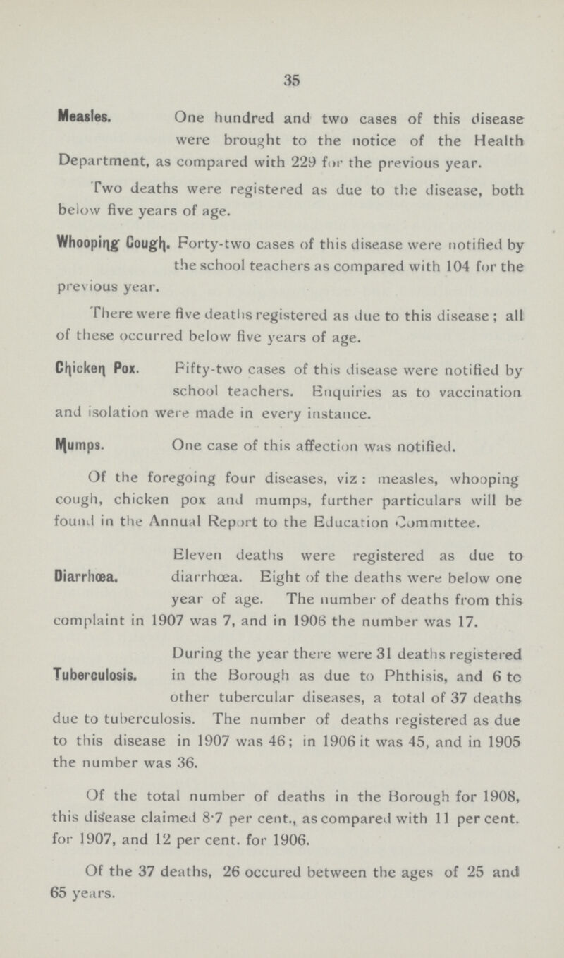 35 Measles. One hundred and two cases of this disease were brought to the notice of the Health Department, as compared with 229 for the previous year. Two deaths were registered as due to the disease, both below five years of age. Whooping Cough Forty-two cases of this disease were notified by the school teachers as compared with 104 for the previous year. There were five deaths registered as due to this disease ; all of these occurred below five years of age. Chicken Pox. Fifty-two cases of this disease were notified by school teachers. Enquiries as to vaccination and isolation were made in every instance. Mumps. One case of this affection was notified. Of the foregoing four diseases, viz : measles, whooping cough, chicken pox and mumps, further particulars will be found in the Annual Report to the Education Committee. Diarrhœa. Eleven deaths were registered as due to diarrhoea. Eight of the deaths were below one year of age. The number of deaths from this complaint in 1907 was 7, and in 1906 the number was 17. Tuberculosis. During the year there were 31 deaths registered in the Borough as due to Phthisis, and 6 to other tubercular diseases, a total of 37 deaths due to tuberculosis. The number of deaths registered as due to this disease in 1907 was 46; in 1906 it was 45, and in 1905 the number was 36. Of the total number of deaths in the Borough for 1908, this disease claimed 8'7 per cent., as compared with 11 percent, for 1907, and 12 per cent, for 1906. Of the 37 deaths, 26 occured between the ages of 25 and 65 years.