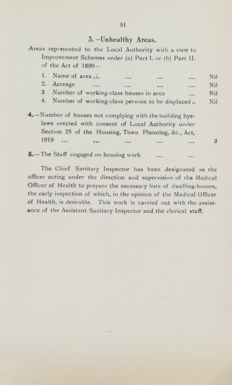 51 3. —Unhealthy Areas. Areas represented to the Local Authority with a view to Improvement Schemes under (a) Part I. or (b) Part II. of the Act of 1890— 1. Name of area Nil 2. Acreage Nil 3. Number of working-class houses in area Nil 4. Number of working-class persons to be displaced Nil 4. — Number of houses not complying with the building bye laws erected with consent of Local Authority under Section 25 of the Housing, Town Planning, &c., Act, 1919 3 5.—The Staff engaged on housing work The Chief Sanitary Inspector has been designated as the officer acting under the direction and supervision of the Medical Officer of Health to prepare the necessary lists of dwelling-houses, the early inspection of which, in the opinion of the Medical Officer of Health, is desirable. This work is carried out with the assist ance of the Assistant Sanitary Inspector and the clerical staff.