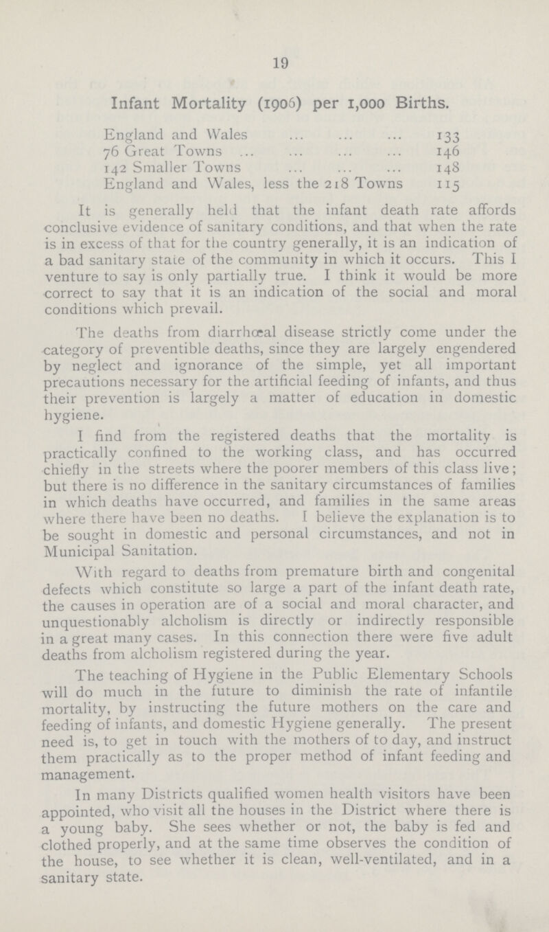 19 Infant Mortality (1906) per 1,000 Births. England and Wales 133 76 Great Towns 146 142 Smaller Towns 148 England and Wales, less the 218 Towns 115 It is generally held that the infant death rate affords conclusive evidence of sanitary conditions, and that when the rate is in excess of that for the country generally, it is an indication of a bad sanitary state of the community in which it occurs. This I venture to say is only partially true. I think it would be more correct to say that it is an indication of the social and moral conditions which prevail. The deaths from diarrhæal disease strictly come under the category of preventible deaths, since they are largely engendered by neglect and ignorance of the simple, yet all important precautions necessary for the artificial feeding of infants, and thus their prevention is largely a matter of education in domestic hygiene. I find from the registered deaths that the mortality is practically confined to the working class, and has occurred chiefly in the streets where the poorer members of this class live; but there is no difference in the sanitary circumstances of families in which deaths have occurred, and families in the same areas where there have been no deaths. I believe the explanation is to be sought in domestic and personal circumstances, and not in Municipal Sanitation. With regard to deaths from premature birth and congenital defects which constitute so large a part of the infant death rate, the causes in operation are of a social and moral character, and unquestionably alcholism is directly or indirectly responsible in a great many cases. In this connection there were five adult deaths from alcholism registered during the year. The teaching of Hygiene in the Public Elementary Schools will do much in the future to diminish the rate of infantile mortality, by instructing the future mothers on the care and feeding of infants, and domestic Hygiene generally. The present need is, to get in touch with the mothers of to day, and instruct them practically as to the proper method of infant feeding and management. In many Districts qualified women health visitors have been appointed, who visit all the houses in the District where there is a young baby. She sees whether or not, the baby is fed and clothed properly, and at the same time observes the condition of the house, to see whether it is clean, well-ventilated, and in a sanitary state.