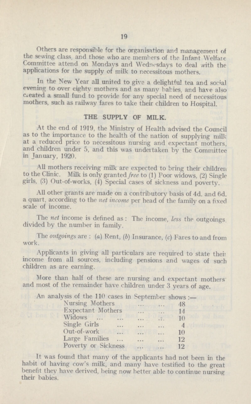 19 Others are responsible for the organisation and management of the sewing class, and those who are members of the Infant Welfare Committee attend on Mondays and Wednesdays to deal with the applications for the supply of milk to necessitous mothers. In the New Year all united to give a delightful tea and social evening to over eightv mothers and as many babies, and have also Created a small fund to provide for any special need of necessitous mothers, such as railway fares to take their children to Hospital. THE SUPPLY OF MILK. At the end of 1919, the Ministry of Health advised the Council as to the importance to the health of the nation of supplying milk at a reduced price to necessitous nursing and expectant mothers, and children under 5, and this was undertaken by the Committee in January, 1920. All mothers receiving milk are expected to bring their children to the Clinic. Milk is only granted free to (1) Poor widows, (2) Single girls, (3) Out-of-works, (4) Special cases of sickness and poverty. All other grants are made on a contributory basis of 4d. and 6d. a quart, according to the net income per head of the family on a fixed scale of income. The net income is defined as: The income, less the outgoings divided by the number in family. The outgoings are: (a) Rent, (b) Insurance, (c) Fares to and from work. Applicants in giving all particulars are required to state their income from all sources, including pensions and wages of such children as are earning. More than half of these are nursing and expectant mothers and most of the remainder have children under 3 years of age. An analysis of the 110 cases in September shows:— Nursing Mothers 48 Expectant Mothers 14 Widows 10 Single Girls 4 Out-of-work 10 Large Families 12 Poverty or Sickness. 12 It was found that many of the applicants had not been in the habit of having cow's milk, and many have testified to the great benefit they have derived, being now better able to continue nursing their babies.