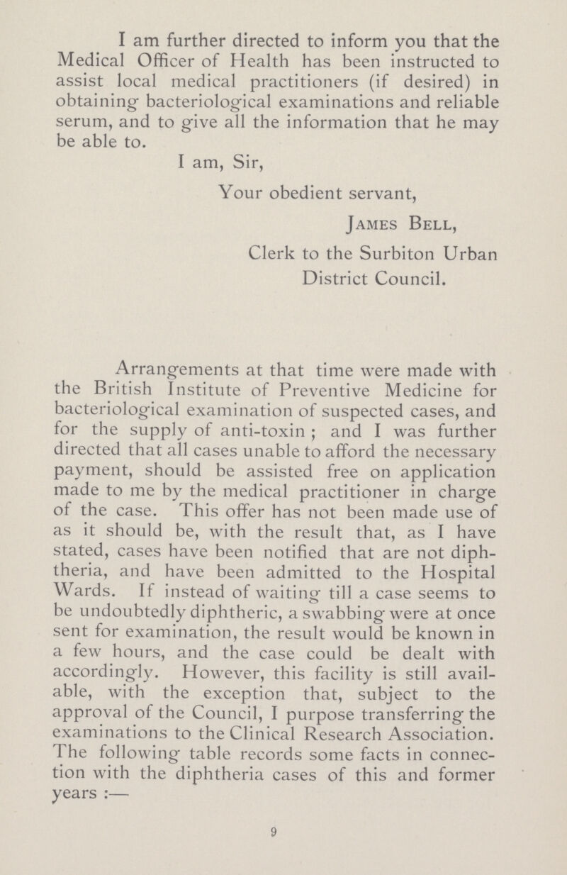 I am further directed to inform you that the Medical Officer of Health has been instructed to assist local medical practitioners (if desired) in obtaining bacteriological examinations and reliable serum, and to give all the information that he may be able to. I am, Sir, Your obedient servant, James Bell, Clerk to the Surbiton Urban District Council. Arrangements at that time were made with the British Institute of Preventive Medicine for bacteriological examination of suspected cases, and for the supply of anti-toxin ; and I was further directed that all cases unable to afford the necessary payment, should be assisted free on application made to me by the medical practitioner in charge of the case. This offer has not been made use of as it should be, with the result that, as I have stated, cases have been notified that are not diph theria, and have been admitted to the Hospital Wards. If instead of waiting- till a case seems to be undoubtedly diphtheric, a swabbing were at once sent for examination, the result would be known in a few hours, and the case could be dealt with accordingly. However, this facility is still avail able, with the exception that, subject to the approval of the Council, I purpose transferring the examinations to the Clinical Research Association. I he following table records some facts in connec tion with the diphtheria cases of this and former vears:— 9