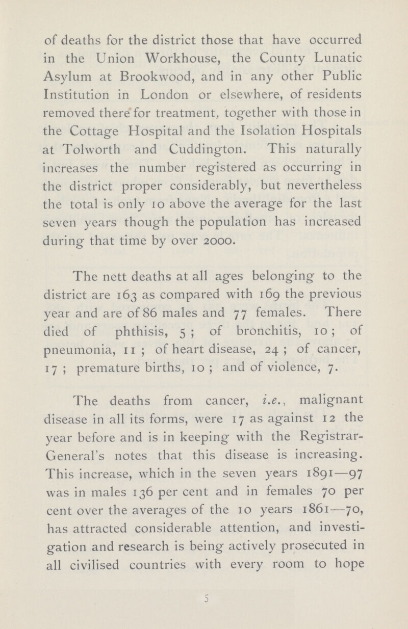 of deaths for the district those that have occurred in the Union Workhouse, the County Lunatic Asylum at Brookwood, and in any other Public Institution in London or elsewhere, of residents removed there for treatment, together with those in the Cottage Hospital and the Isolation Hospitals at Tolworth and Cuddington. This naturally increases the number registered as occurring in the district proper considerably, but nevertheless the total is only 10 above the average for the last seven years though the population has increased during that time by over 2000. The nett deaths at all ages belonging to the district are 163 as compared with 169 the previous year and are of 86 males and 77 females. There died of phthisis, 5; of bronchitis, 10+; of pneumonia, 11; of heart disease, 24; of cancer, 17 ; premature births, 10 ; and of violence, 7. The deaths from cancer, i.e., malignant disease in all its forms, were 17 as against 12 the year before and is in keeping with the Registrar General's notes that this disease is increasing. This increase, which in the seven years 1891—97 was in males 136 per cent and in females 70 per cent over the averages of the 10 years 1861—70, has attracted considerable attention, and investi gation and research is being actively prosecuted in all civilised countries with every room to hope 5