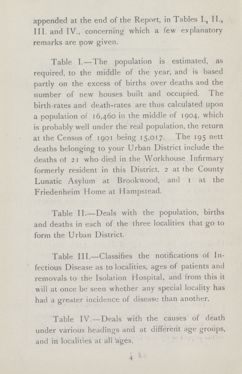 appended at the end of the Report, in Tables I., II., III. and IV., concerning which a few explanatory remarks are now given. Table I.—The population is estimated, as required, to the middle of the year, and is based partly on the excess of births over deaths and the number of new houses built and occupied. The birth-rates and death-rates are thus calculated upon a population of 16,460 in the middle of 1904, which is probably well under the real population, the return at the Census of 1901 being 15,017. The 195 nett deaths belonging to your Urban District include the deaths of 21 who died in the Workhouse Infirmary formerly resident in this District, 2 at the County Lunatic Asylum at Brookwood, and 1 at the Friedenheim Home at Hampstead. Table II.—Deals with the population, births and deaths in each of the three localities that go to form the Urban District. Table III.—Classifies the notifications of In fectious Disease as to localities, ages of patients and removals to the Isolation Hospital, and from this it will at once be seen whether any special locality has had a greater incidence of disease than another. Table IV.—Deals with the causes of death under various headings and at different age groups, and in localities at all 'ages. 4