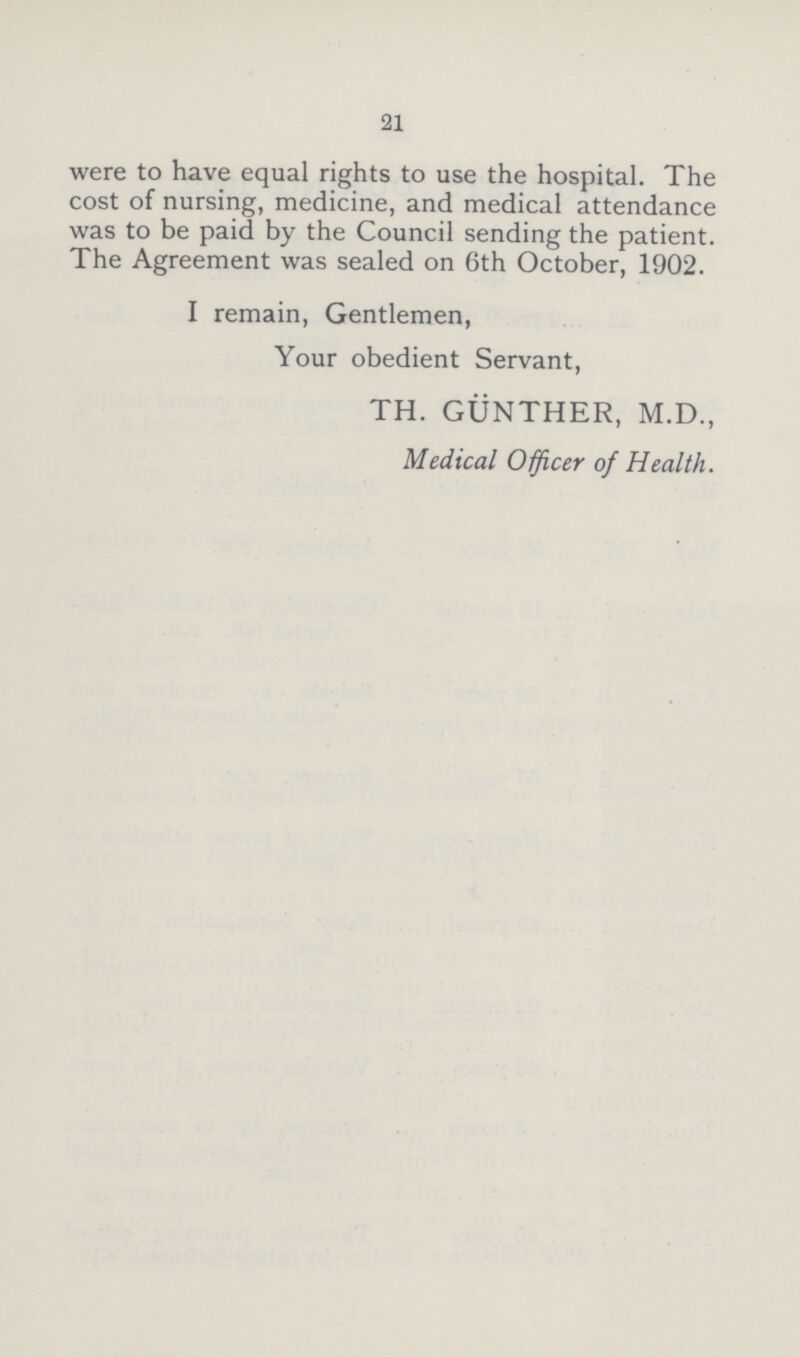 21 were to have equal rights to use the hospital. The cost of nursing, medicine, and medical attendance was to be paid by the Council sending the patient. The Agreement was sealed on 6th October, 1902. I remain, Gentlemen, Your obedient Servant, TH. GUNTHER, M.D., Medical Officer of Health.