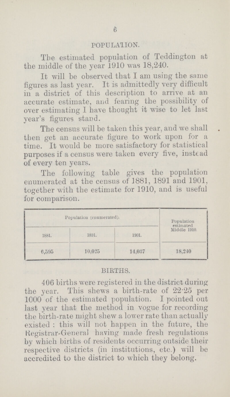 6 POPULATION. The estimated population of Teddington at the middle of the year 1910 was 18,240. It will be observed that I am using the same figures as last year. It is admittedly very difficult in a district of this description to arrive at an accurate estimate, and fearing the possibility of over estimating I have thought it wise to let last year's figures stand. The census will be taken this year, and we shall then get an accurate figure to work upon for a time. It would be more satisfactory for statistical purposes if a census were taken every five, instead of every ten years. The following table gives the population enumerated at the census of 1881, 1891 and 1901, together with the estimate for 1910, and is useful for comparison. Population (enumerated). Population estimated Middle 1910. 1881. 1891. 1901. 6,595 10,025 14,087 18,240 BIRTHS. 406 births were registered in the district during the year. This shews a birth-rate of 22.25 per 1000 of the estimated population. I pointed out last year that the method in vogue for recording the birth-rate might shew a lower rate than actually existed: this will not happen in the future, the Registrar-General having made fresh regulations by which births of residents occurring outside their respective districts (in institutions, etc.) will be accredited to the district to which they belong.