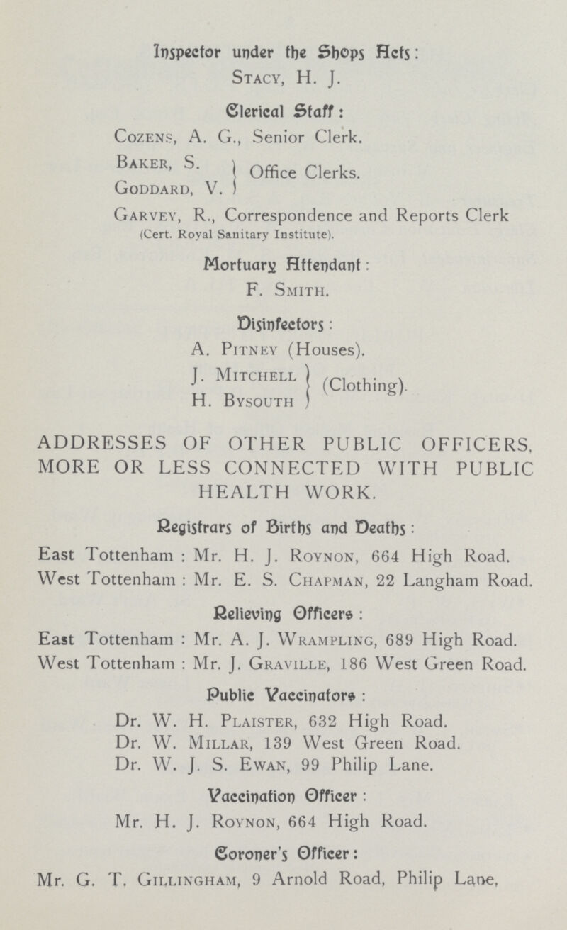 Inspector under the Shops Hcts: Stacy, H. J. Clerical Staff: Cozens, A. G., Senior Clerk. Baker, S. Officer Clerk. Goddard, V. Garvey, R., Correspondence and Reports Clerk (Cert. Royal Sanitary Institute). Mortuary Httendant: F. Smith. Disinfectors: A. Pitney (Houses). J. Mitchell (Clothing). H. Bysouth ADDRESSES OF OTHER PUBLIC OFFICERS, MORE OR LESS CONNECTED WITH PUBLIC HEALTH WORK. Registrars of Births and Deaths: East Tottenham: Mr. H. J. Roynon, 664 High Road. West Tottenham: Mr. E. S. Chapman, 22 Langham Road. Relieving Officers: East Tottenham: Mr. A. J. Wrampling, 689 High Road. West Tottenham: Mr. J. Graville, 186 West Green Road. Public Vaccinators: Dr. W. H. Plaister, 632 High Road. Dr. W. Millar, 139 West Green Road. Dr. W. J. S. Ewan, 99 Philip Lane. Vaccination Officer: Mr. H. J. Roynon, 664 High Road. Coroner's Officer: Mr. G. T. Gillingham, 9 Arnold Road, Philip Lane,