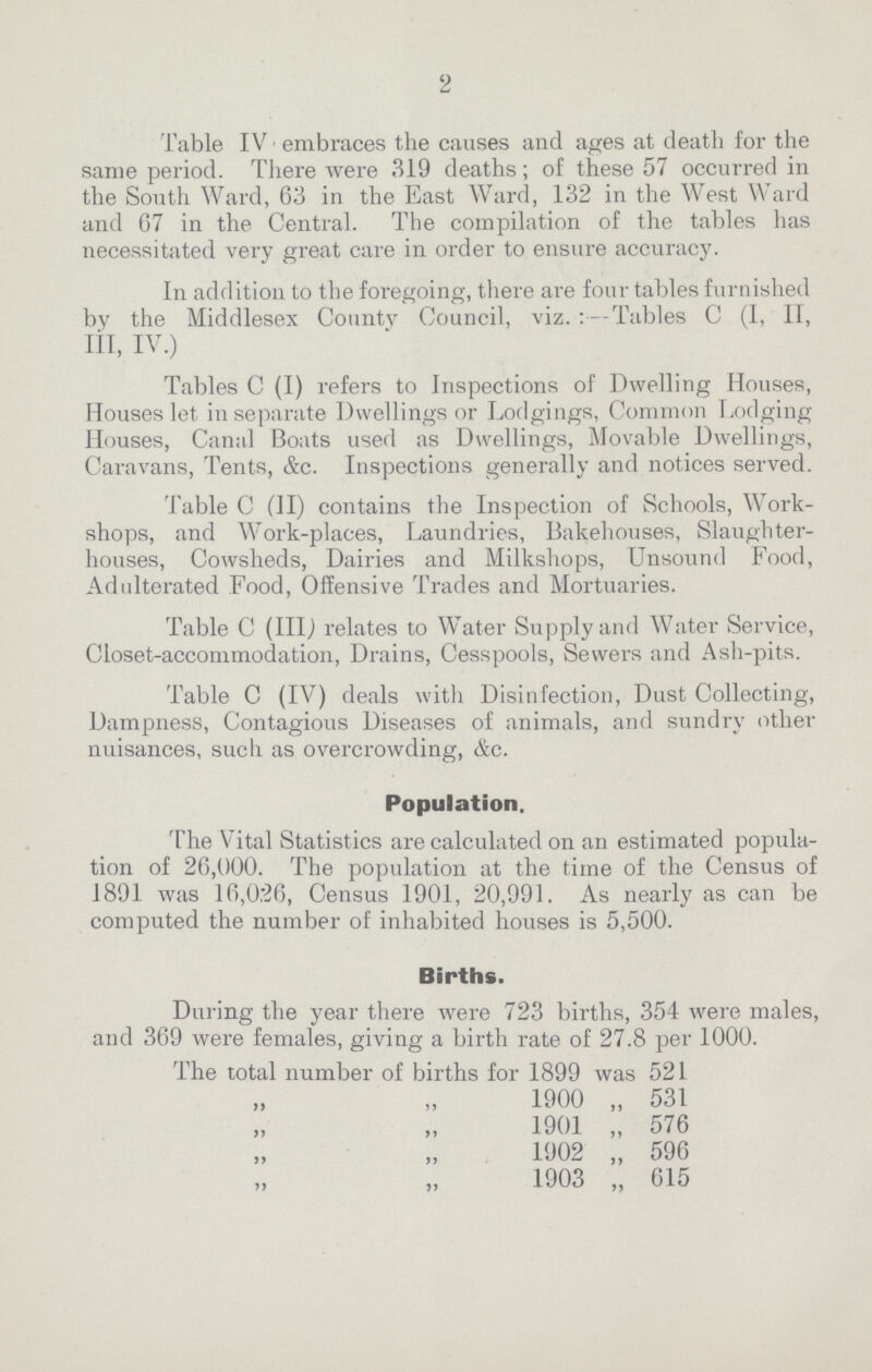 2 Table IV embraces the causes and ages at death for the same period. There were 319 deaths; of these 57 occurred in the South Ward, 63 in the East Ward, 132 in the West Ward and 67 in the Central. The compilation of the tables has necessitated very great care in order to ensure accuracy. In addition to the foregoing, there are four tables furnished by the Middlesex County Council, viz.Tables C (I, II, III, IV.) Tables C (I) refers to Inspections of Dwelling Houses, Houses let in separate Dwellings or Lodgings, Common Lodging Houses, Canal Boats used as Dwellings, Movable Dwellings, Caravans, Tents, &c. Inspections generally and notices served. Table C (II) contains the Inspection of Schools, Work shops, and Work-places, Laundries, Bakehouses, Slaughter houses, Cowsheds, Dairies and Milkshops, Unsound Food, Adulterated Food, Offensive Trades and Mortuaries. Table C (III) relates to Water Supplyand Water Service, Closet-accommodation, Drains, Cesspools, Sewers and Ash-pits. Table C (IV) deals with Disinfection, Dust Collecting, Dampness, Contagious Diseases of animals, and sundry other nuisances, such as overcrowding, &c. Population. The Vital Statistics are calculated on an estimated popula tion of 26,000. The population at the time of the Census of 1891 was 16,026, Census 1901, 20,991. As nearly as can be computed the number of inhabited houses is 5,500. Births. During the year there were 723 births, 354 were males, and 369 were females, giving a birth rate of 27.8 per 1000. The total number of births for 1899 was 521 1900 „ 531 1901 „ 576 1902 „ 596 1903 „ 615