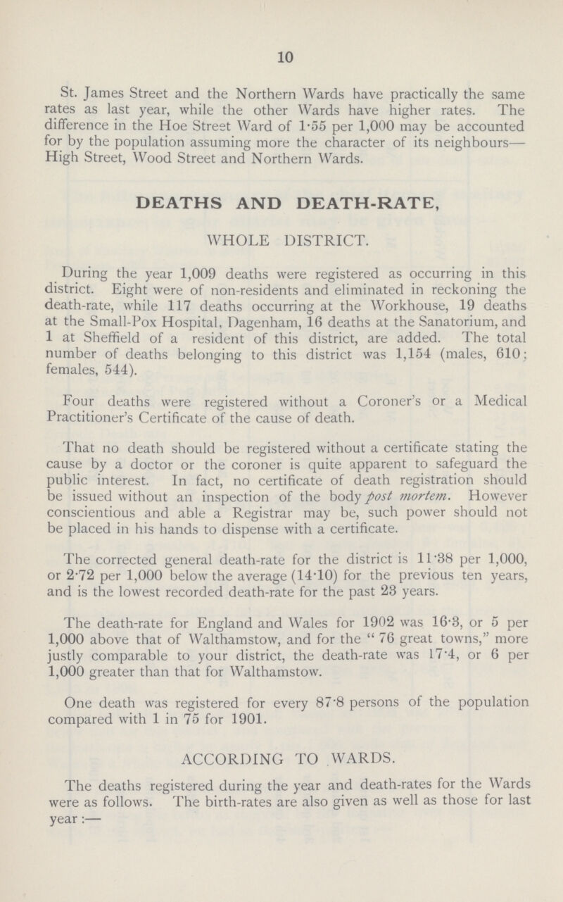 10 St. James Street and the Northern Wards have practically the same rates as last year, while the other Wards have higher rates. The difference in the Hoe Street Ward of 1-55 per 1,000 may be accounted for by the population assuming more the character of its neighbours— High Street, Wood Street and Northern Wards. DEATHS AND DEATH-RATE, WHOLE DISTRICT. During the year 1,009 deaths were registered as occurring in this district. Eight were of non-residents and eliminated in reckoning the death-rate, while 117 deaths occurring at the Workhouse, 19 deaths at the Small-Pox Hospital, Dagenham, 16 deaths at the Sanatorium, and 1 at Sheffield of a resident of this district, are added. The total number of deaths belonging to this district was 1,154 (males, 610 ; females, 544). Four deaths were registered without a Coroner's or a Medical Practitioner's Certificate of the cause of death. That no death should be registered without a certificate stating the cause by a doctor or the coroner is quite apparent to safeguard the public interest. In fact, no certificate of death registration should be issued without an inspection of the body post mortem. However conscientious and able a Registrar may be, such power should not be placed in his hands to dispense with a certificate. The corrected general death-rate for the district is 11.38 per 1,000, or 2.72 per 1,000 below the average (14.10) for the previous ten years, and is the lowest recorded death-rate for the past 23 years. The death-rate for England and Wales for 1902 was 16.3, or 5 per 1,000 above that of Walthamstow, and for the  76 great towns, more justly comparable to your district, the death-rate was 17.4, or 6 per 1,000 greater than that for Walthamstow. One death was registered for every 87.8 persons of the population compared with 1 in 75 for 1901. ACCORDING TO WARDS. The deaths registered during the year and death-rates for the Wards were as follows. The birth-rates are also given as well as those for last year:—