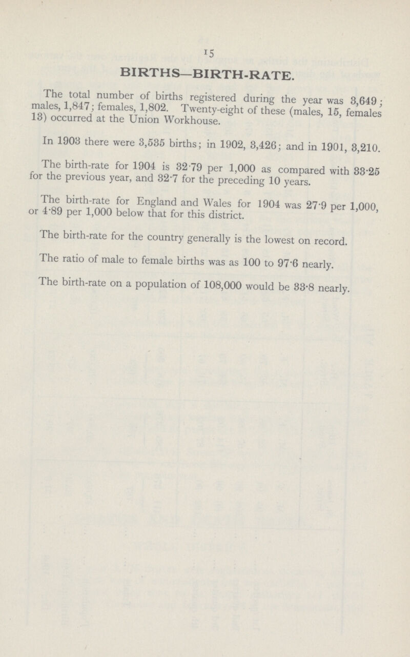 15 BIRTHS—BIRTH-RATE. The total number of births registered during the year was 3,649; males, 1,847; females, 1,802. Twenty-eight of these (males, 15, females 13) occurred at the Union Workhouse. In 1903 there were 3,535 births; in 1902, 3,426; and in 1901, 3,210. The birth-rate for 1904 is 3279 per 1,000 as compared with 33'25 for the previous year, and 327 for the preceding 10 years. The birth-rate for England and Wales for 1904 was 27'9 per 1,000, or 4'89 per 1,000 below that for this district. The birth-rate for the country generally is the lowest on record. The ratio of male to female births was as 100 to 97'6 nearly. The birth-rate on a population of 108,000 would be 33-8 nearly.
