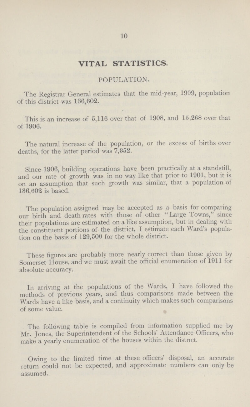 10 VITAL STATISTICS. POPULATION. The Registrar General estimates that the mid-year, 1909, population of this district was 136,602. This is an increase of 5,116 over that of 1908, and 15,268 over that of 1906. The natural increase of the population, or the excess of births over deaths, for the latter period was 7,352. Since 1906, building operations have been practically at a standstill, and our rate of growth was in no way like that prior to 1901, but it is on an assumption that such growth was similar, that a population of 136,602 is based. The population assigned may be accepted as a basis for comparing our birth and death-rates with those of other Large Towns, since their populations are estimated on a like assumption, but in dealing with the constituent portions of the district, I estimate each Ward's popula tion on the basis of 129,500 for the whole district. These figures are probably more nearly correct than those given by Somerset House, and we must await the official enumeration of 1911 for absolute accuracy. In arriving at the populations of the Wards, I have followed the methods of previous years, and thus comparisons made between the Wards have a like basis, and a continuity which makes such comparisons of some value. The following table is compiled from information supplied me by Mr. Jones, the Superintendent of the Schools' Attendance Officers, who make a yearly enumeration of the houses within the district. Owing to the limited time at these officers' disposal, an accurate return could not be expected, and approximate numbers can only be assumed.