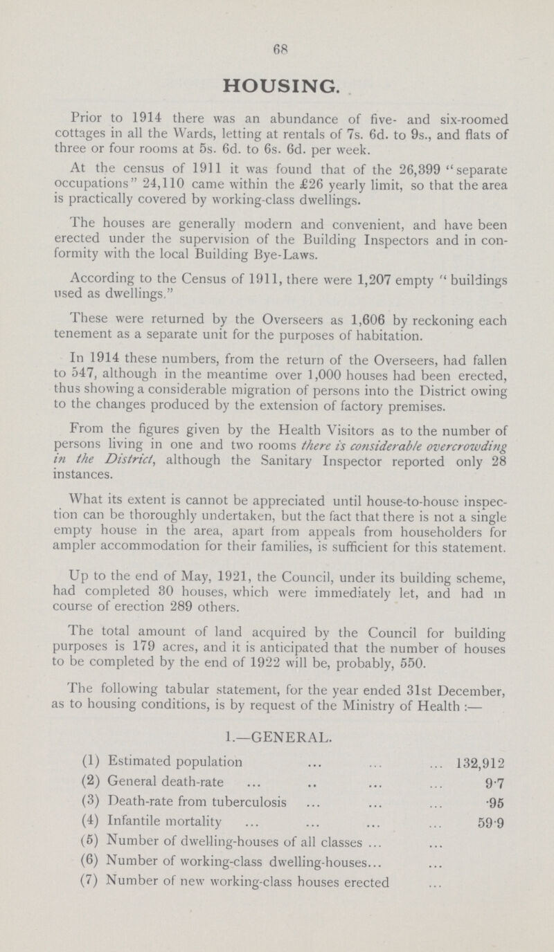 68 HOUSING. Prior to 1914 there was an abundance of five- and six-roomed cottages in all the Wards, letting at rentals of 7s. 6d. to 9s., and flats of three or four rooms at 5s. 6d. to 6s. 6d. per week. At the census of 1911 it was found that of the 26,399 separate occupations 24,110 came within the £26 yearly limit, so that the area is practically covered by working-class dwellings. The houses are generally modern and convenient, and have been erected under the supervision of the Building Inspectors and in con formity with the local Building Bye-Laws. According to the Census of 1911, there were 1,207 empty buildings used as dwellings. These were returned by the Overseers as 1,606 by reckoning each tenement as a separate unit for the purposes of habitation. In 1914 these numbers, from the return of the Overseers, had fallen to 547, although in the meantime over 1,000 houses had been erected, thus showing a considerable migration of persons into the District owing to the changes produced by the extension of factory premises. From the figures given by the Health Visitors as to the number of persons living in one and two rooms there is considerable overcrowding in the District, although the Sanitary Inspector reported only 28 instances. What its extent is cannot be appreciated until house-to-house inspec tion can be thoroughly undertaken, but the fact that there is not a single empty house in the area, apart from appeals from householders for ampler accommodation for their families, is sufficient for this statement. Up to the end of May, 1921, the Council, under its building scheme, had completed 30 houses, which were immediately let, and had in course of erection 289 others. The total amount of land acquired by the Council for building purposes is 179 acres, and it is anticipated that the number of houses to be completed by the end of 1922 will be, probably, 550. The following tabular statement, for the year ended 31st December, as to housing conditions, is by request of the Ministry of Health:— I.-general. (1) Estimated population 132,912 (2) General death-rate 9.7 (3) Death-rate from tuberculosis .95 (4) Infantile mortality 59.9 (5) Number of dwelling-houses of all classes (6) Number of working-class dwelling-houses (7) Number of new working-class houses erected