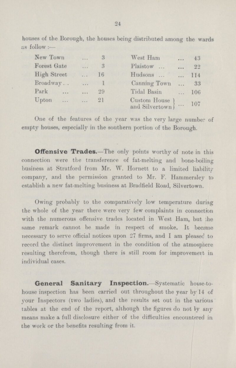 24 houses of the Borough, the houses being distributed among the wards as follow :— New Town 3 West Ham 43 Forest Gate 3 Plaistow 22 High Street 16 Hudsons 114 Broadway 1 Canning Town 33 Park 29 Tidal Basin 106 Upton 21 Custom House and Silvertown 107 One of the features of the year was the very large number of empty houses, especially in the southern portion of the Borough. Offensive Trades.—The only points worthy of note in this connection were the transference of fat-melting and bone-boiling business at Stratford from Mr. W. Hornett to a limited liability company, and the permission granted to Mr. F. Hammersley to establish a new fat-melting business at Bradfield Road, Silvertown. Owing probably to the comparatively low temperature during the whole of the year there were very few complaints in connection with the numerous offensive trades located in West Ham, but the same remark cannot be made in respect of smoke. It became necessary to serve official notices upon 27 firms, and I am pleased to record the distinct improvement in the condition of the atmosphere resulting therefrom, though there is still room for improvement in individual cases. General Sanitary Inspection.—Systematic house-to house inspection has been carried out throughout the year by 14 of your Inspectors (two ladies), and the results set out in the various tables at the end of the report, although the figures do not by any means make a full disclosure either of the difficulties encountered in the work or the benefits resulting from it.