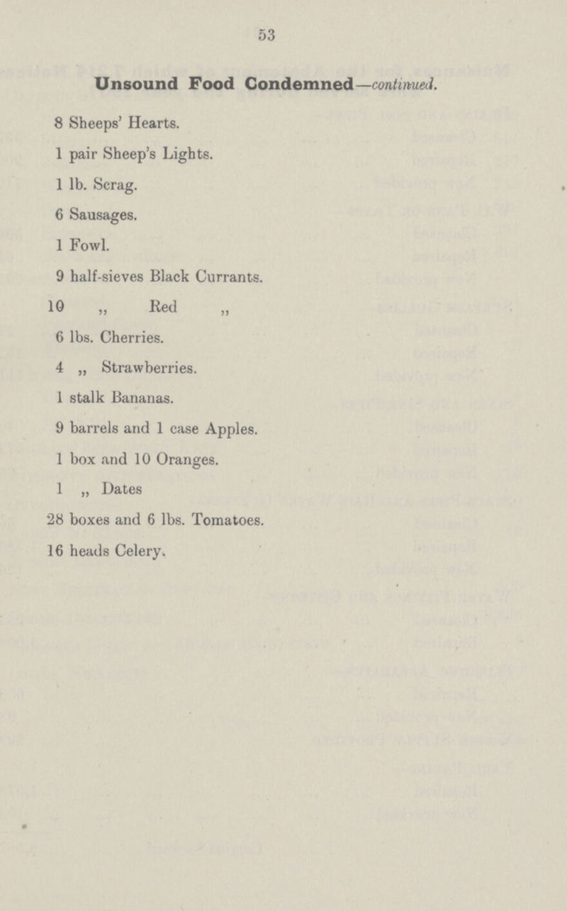 53 Unsound Food Condemned—contimaui. 8 Sheeps' Hearts. 1 pair Sheep's Lights. 1 lb. Scrag. 6 Sausages. 1 Fowl. 9 half-sieves Black Currants. 10 „ Red „ 6 lbs. Cherries. 4 „ Strawberries. 1 stalk Bananas. 9 barrels and 1 case Apples. 1 box and 10 Oranges. 1 „ Dates 28 boxes and 6 lbs. Tomatoes. 16 heads Celery.