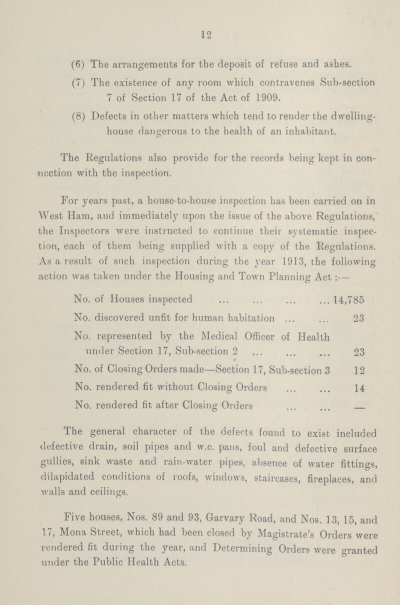 12 (6) The arrangements for the deposit of refuse and ashes. (7) The existence of any room which contravenes Sub-section 7 of Section 17 of the Act of 1909. (8) Defects in other matters which tend to render the dwelling- house dangerous to the health of an inhabitant. The Regulations also provide for the records being kept in con nection with the inspection. For years past, a house-to-house inspection has been carried on in West Ham, and immediately upon the issue of the above Regulations, the Inspectors were instructed to continue their systematic inspec tion, each of them being supplied with a copy of the Regulations. As a result of such inspection during the year 1913, the following action was taken under the Housing and Town Planning Act:— No. of Houses inspected 14,785 No. discovered unfit for human habitation 23 No. represented by the Medical Officer of Health under Section 17, Sub-section 2 23 No. of Closing Orders made—Section 17, Sub-section 3 12 No. rendered fit without Closing Orders 14 No. rendered fit after Closing Orders — The general character of the defects found to exist included defective drain, soil pipes and w.c. pans, foul and defective surface gullies, sink waste and rain-water pipes, absence of water fittings, dilapidated conditions of roofs, windows, staircases, fireplaces, and walls and ceilings. Five houses, Nos. 89 and 93, Garvary Road, and Nos. 13, 15, and 17, Mona Street, which had been closed by Magistrate's Orders were rendered fit during the year, and Determining Orders were granted under the Public Health Acts.